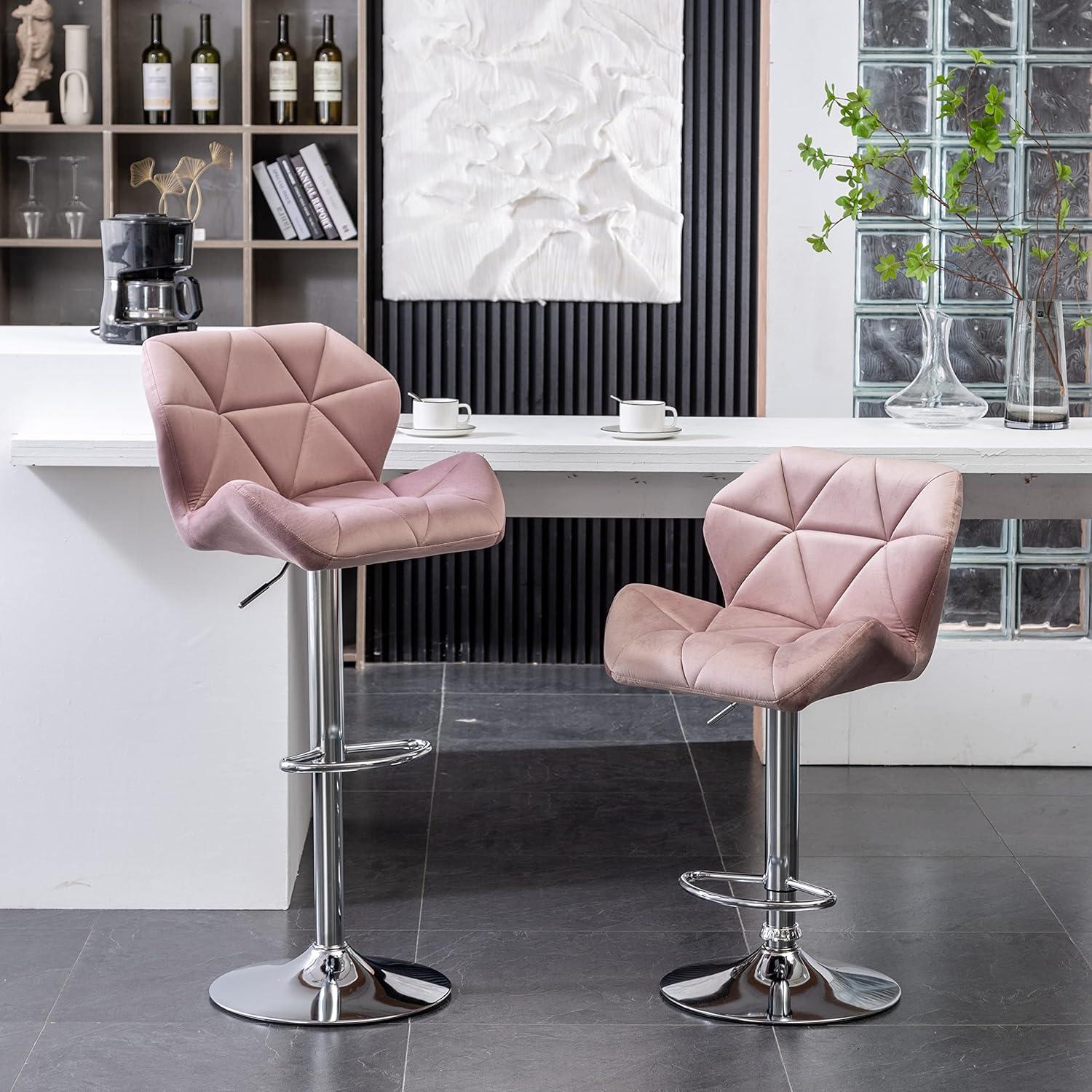 Breni Velvet Diamond Tufted Swivel Adjustable Height Barstool(Set of 2) in Mauve