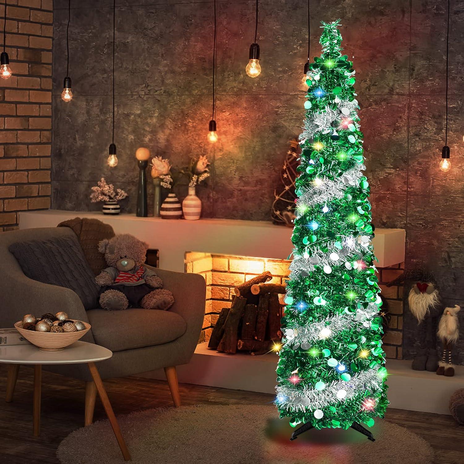 5 FT Silver Green LED Twinkling Christmas Tree with Sequin Tinsel