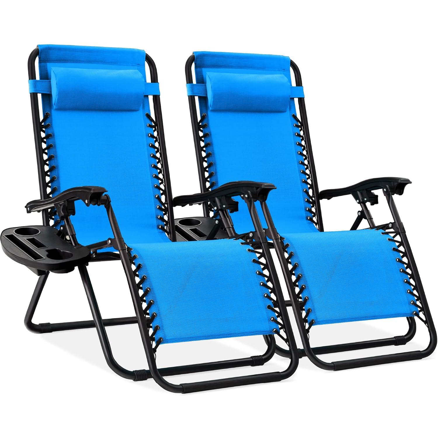 Best Choice Products Set of 2 Zero Gravity Lounge Chair Recliners for Patio, Pool w/ Cup Holder Tray - Light Blue