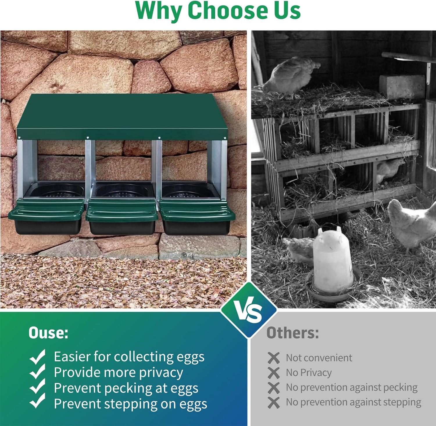 Bring Home Furniture Chicken Nesting Boxes with 3 Compartments for Laying Eggs, Galvanized Steel Hen Nesting Box with Lid Pull-Out Tray and Ventilation Design