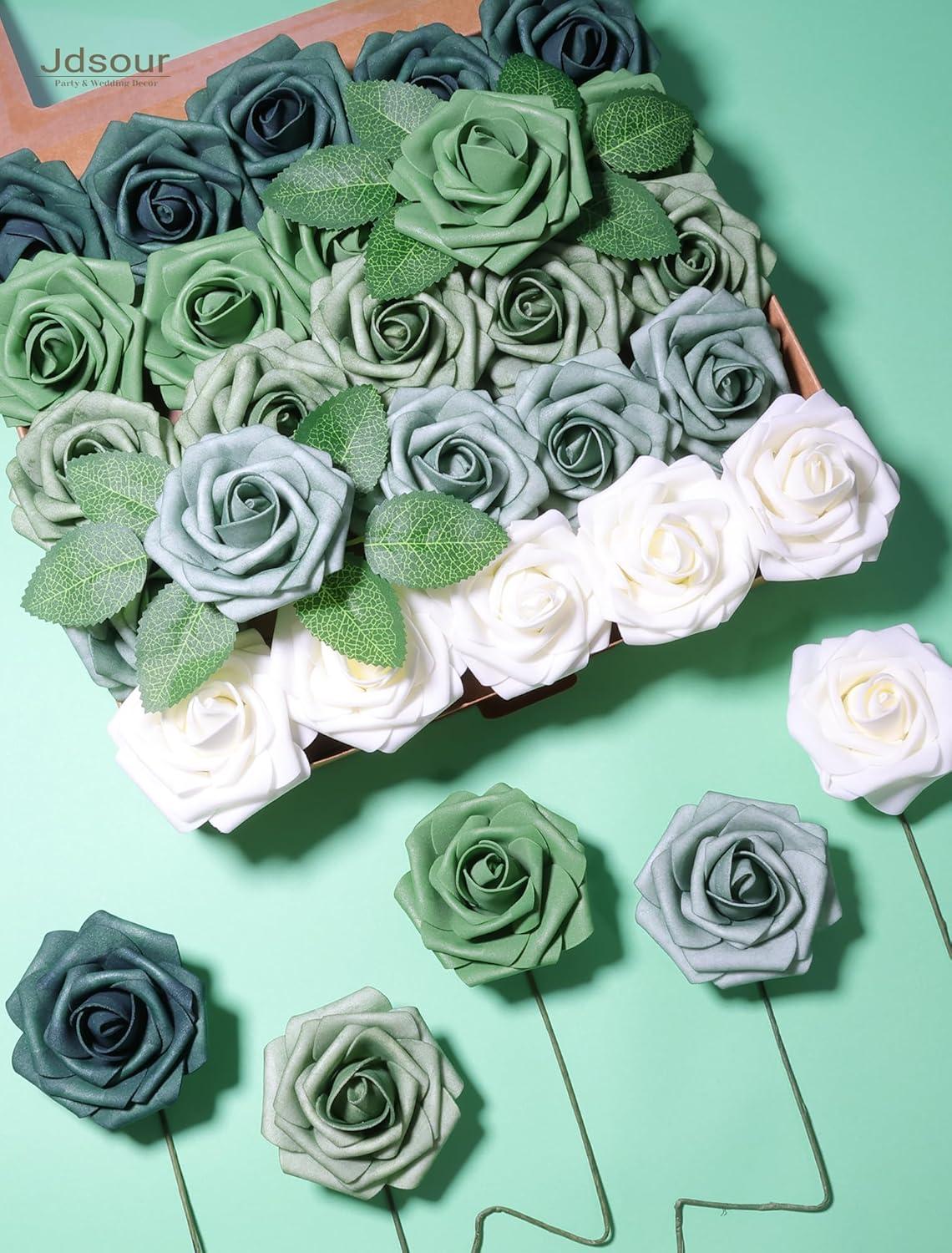 Eco-Friendly Green and White Artificial Rose Centerpiece Set