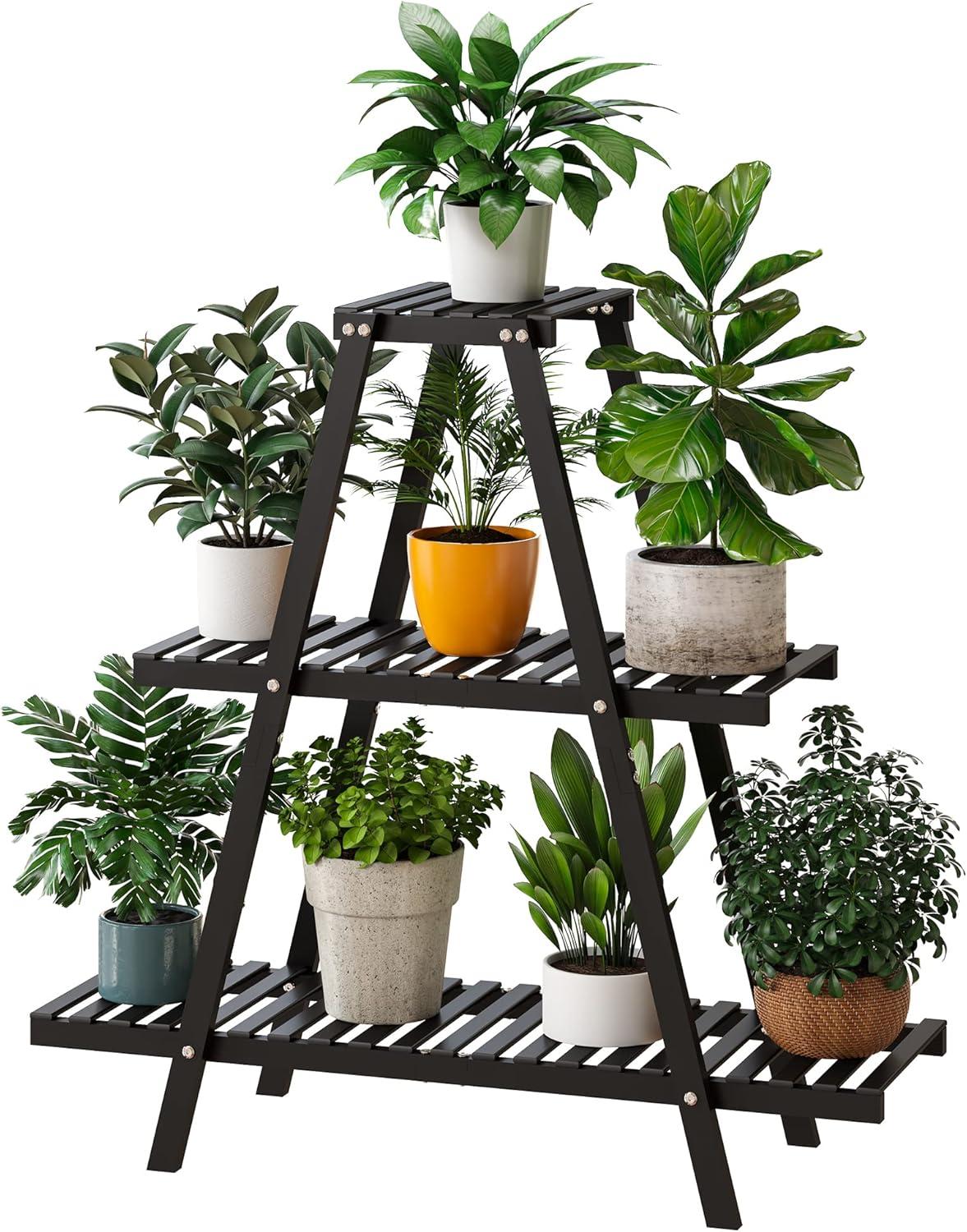 Bamboo Plant Stand Indoor/Outdoor, 3-Tier, Black, Rectangular, 8 Potted Flower Holder Ladder Plant Rack