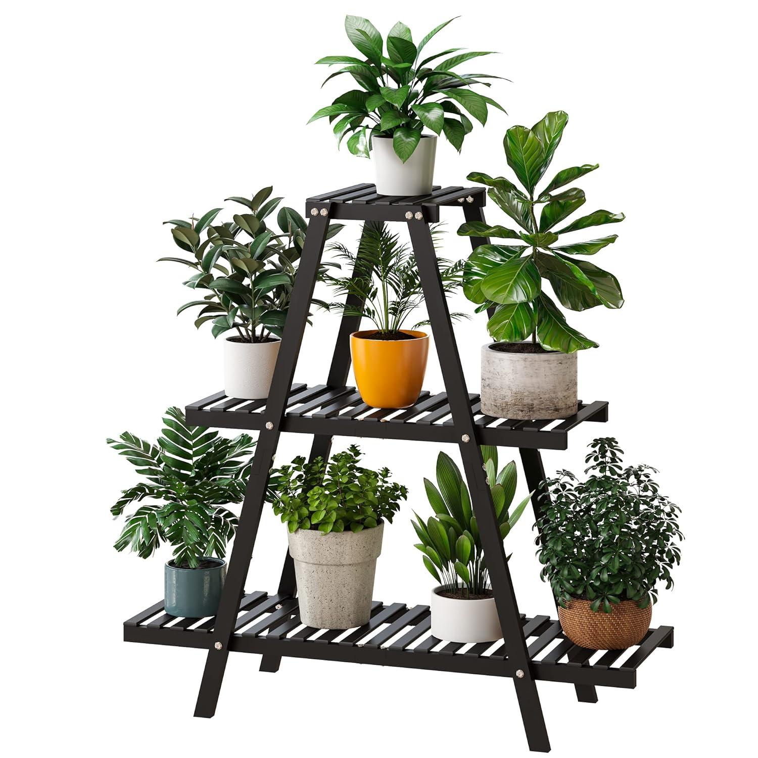 Bamboo Plant Stand Indoor/Outdoor, 3-Tier, Black, Rectangular, 8 Potted Flower Holder Ladder Plant Rack