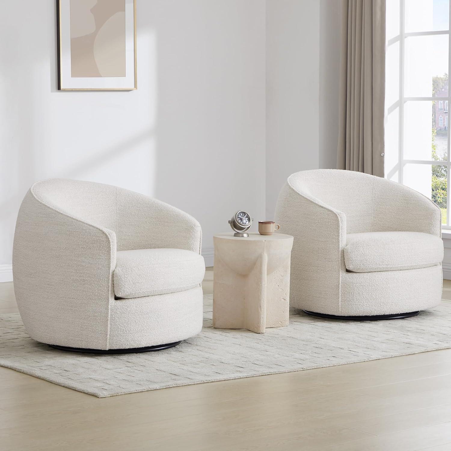 Cream Boucle Swivel Barrel Chair with Wood Frame