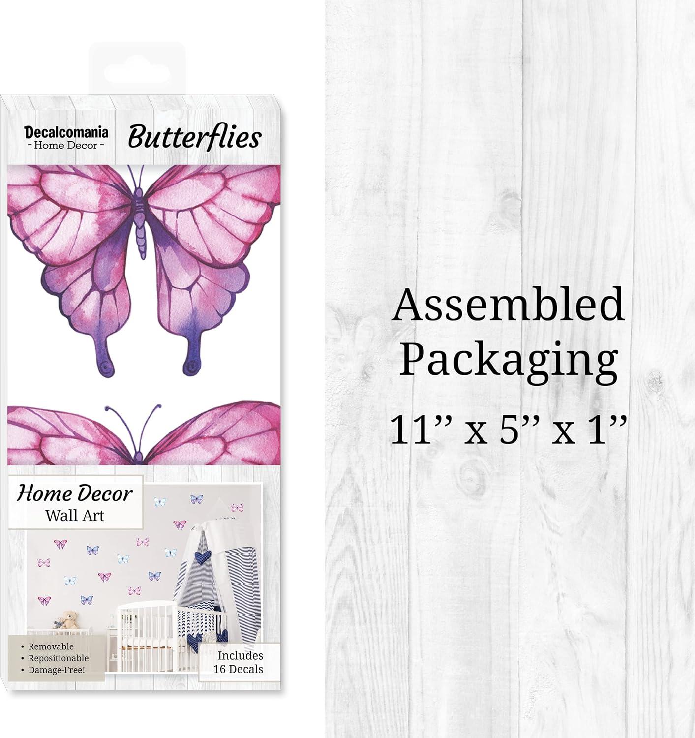 Decalcomania Butterfly Wall Decals - Set of 16 Watercolor Butterflies Wall Stickers for Girls Bedroom Kitchen Bathroom Room Decor Removable Peel and Stick Indoor Décor