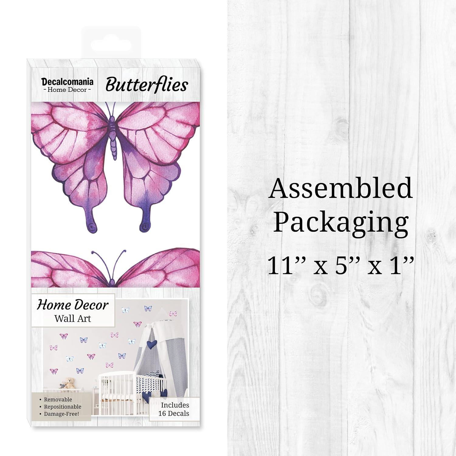 Decalcomania Butterfly Wall Decals - Set of 16 Watercolor Butterflies Wall Stickers for Girls Bedroom Kitchen Bathroom Room Decor Removable Peel and Stick Indoor Décor