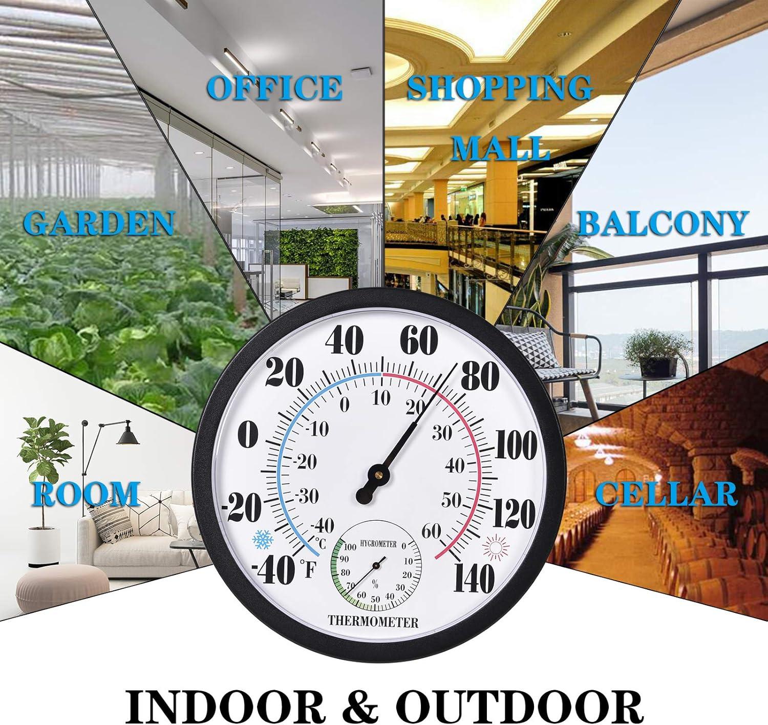 Indoor Outdoor Thermometer Large Numbers Wall Thermometer Hygrometer Waterproof Does not Require Battery 10 inch Wireless Hanging Hygrometer Garden Decoration (Black)