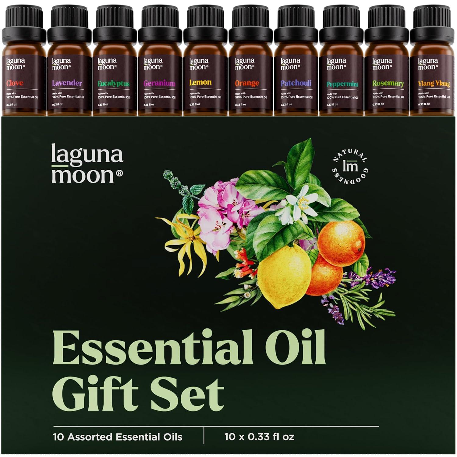 Lagunamoon 10-Pack Organic Essential Oils Set, 10mL, Top 10 Scents for Aromatherapy, Massage, Candle Making, Soap Scents, Office, Skin & Hair Care