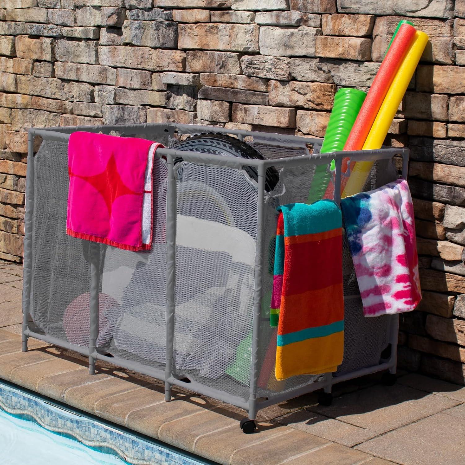 Pool Noodles Holder, Toys, Floats, Balls and Floats Equipment Mesh Rolling Storage Organizer Bin, Extra Large (30.2" L x 47.2" W x 34" H), Gray