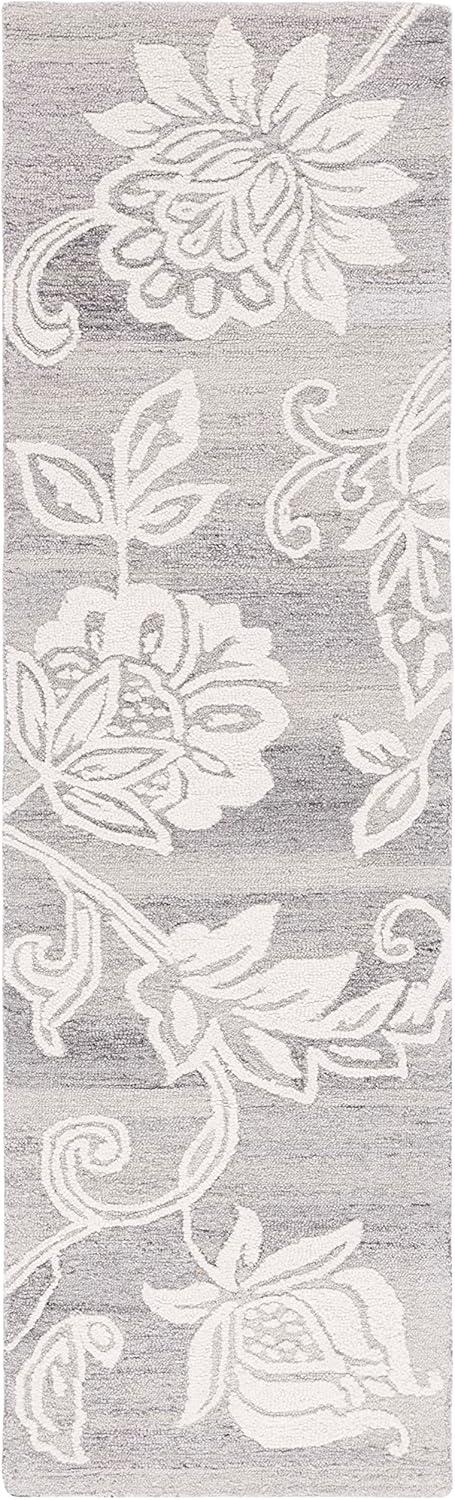 Grey/Ivory Floral Handmade Wool Runner Rug, 2'3" x 8'