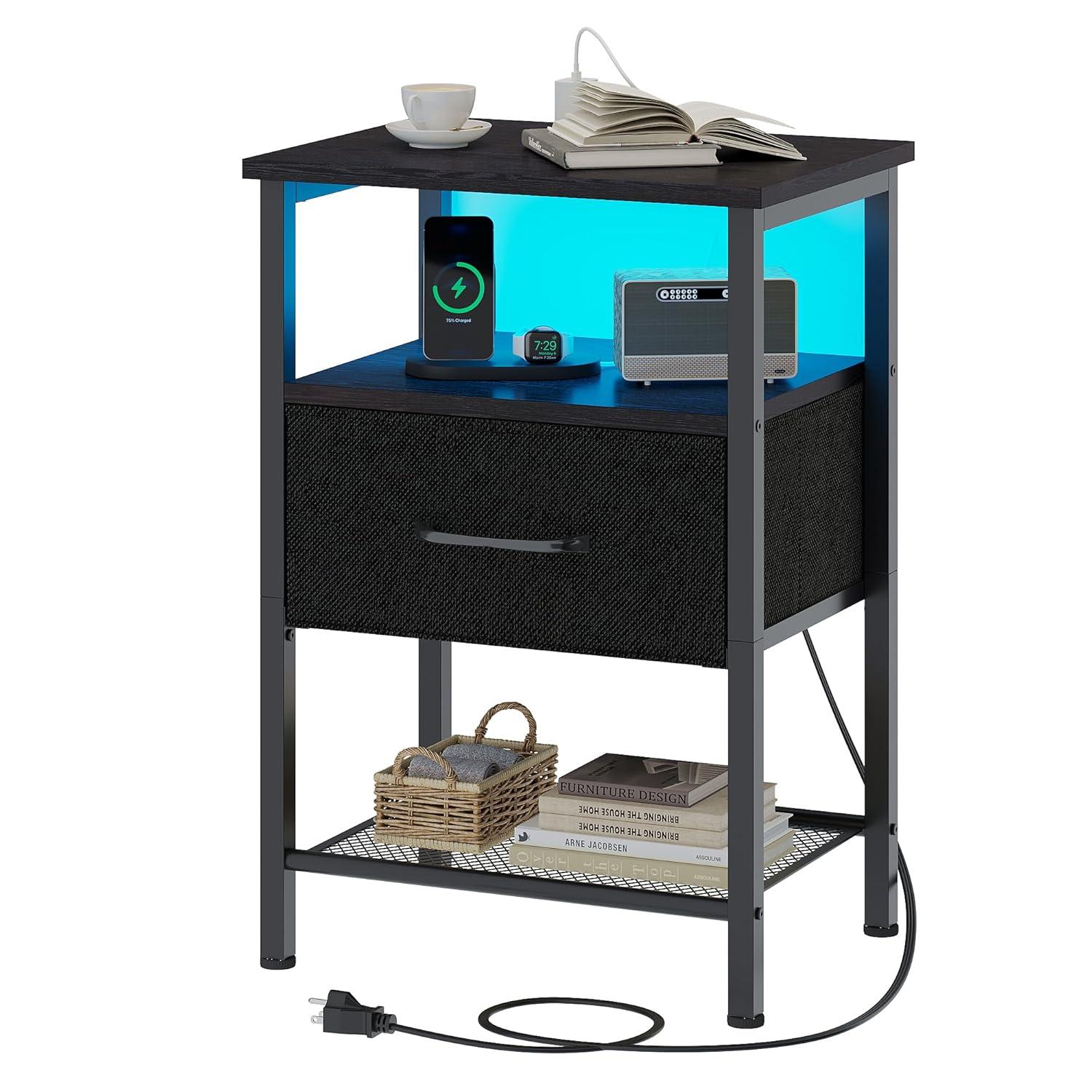 End Table with Charging Station, Narrow Side Table with 2 Fabric Drawers, Skinny Nightstand with LED Light, Slim Bedside Table for Bedroom, Living Room, Small Spaces, White