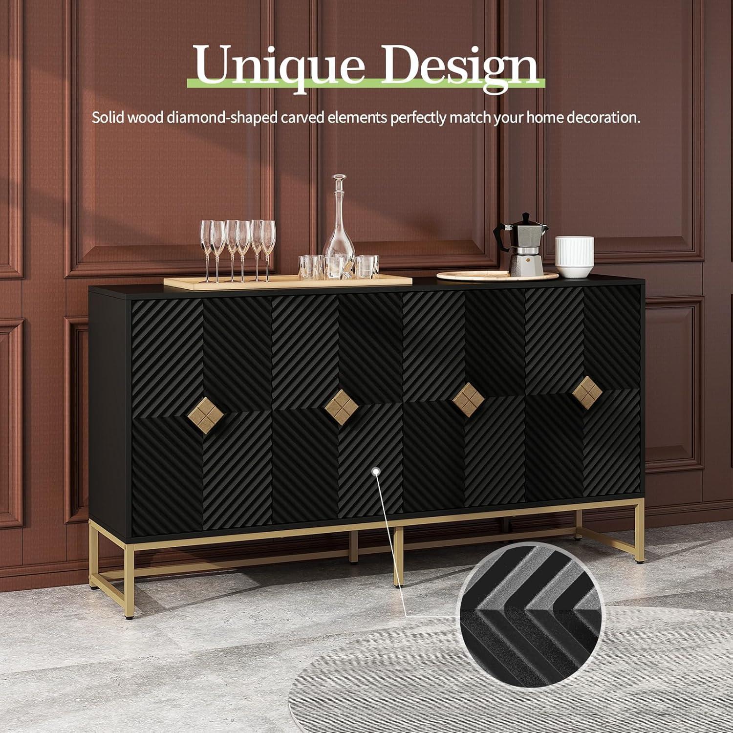 Black Wood 4-Door Sideboard with Gold Metal Legs