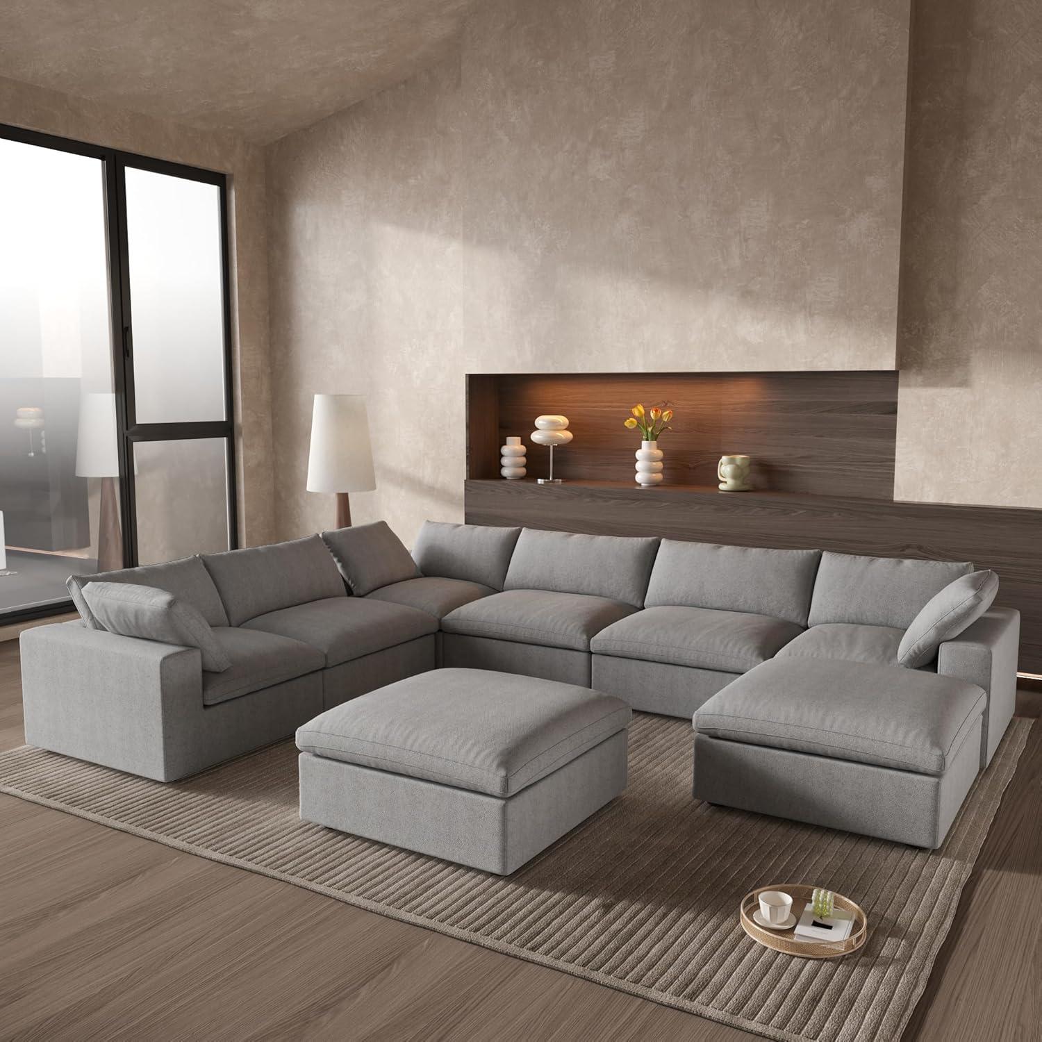 WJShome 8-Piece Cloud Modular Sectional Sofa,Down Filled Couch for Living Room,Minimalist Convertible Couches,Sofa Cover Washable & Removable,Grey