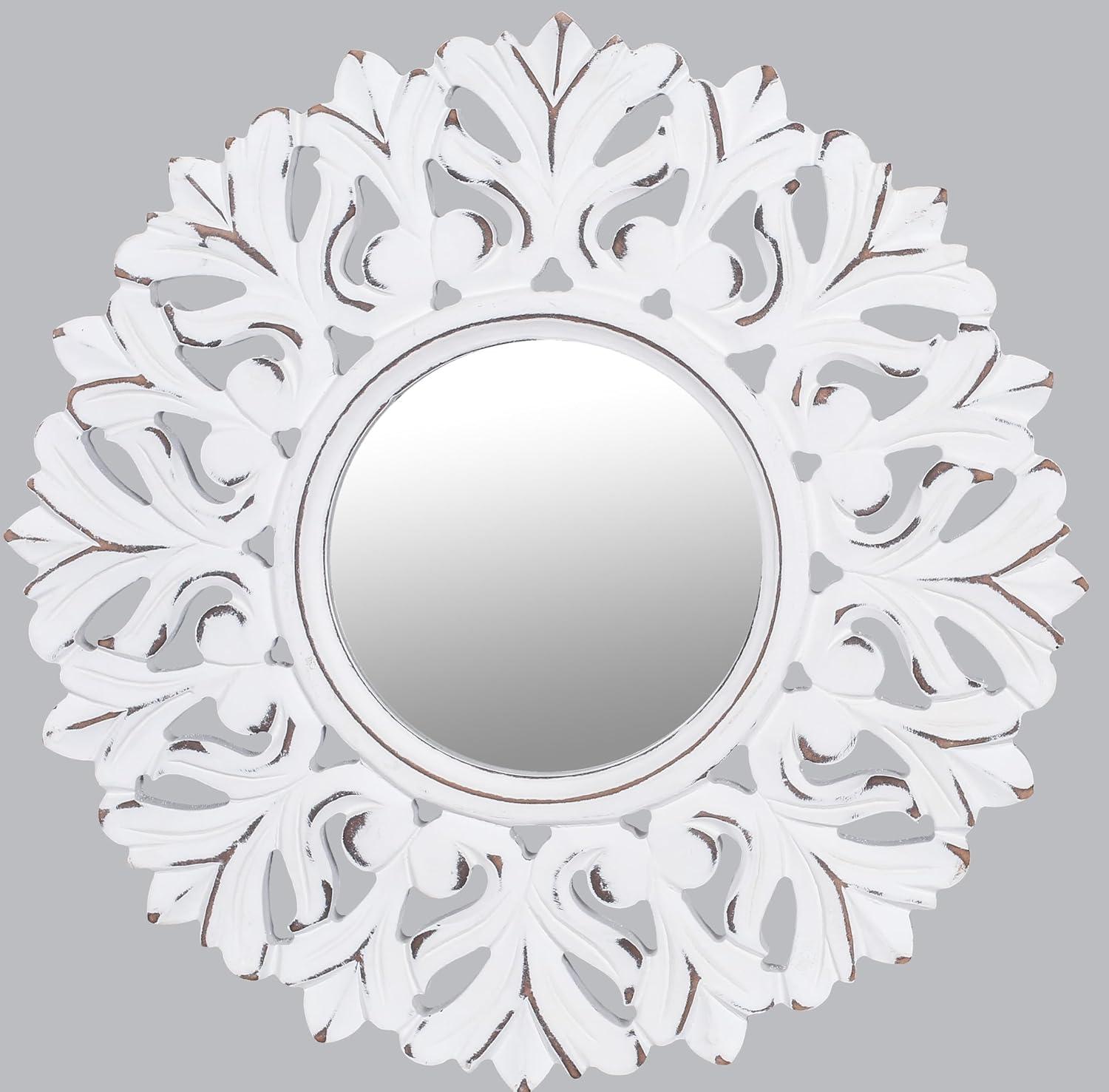 Rustic Carved Round Wall Mirror - 23.5"Dia. - White