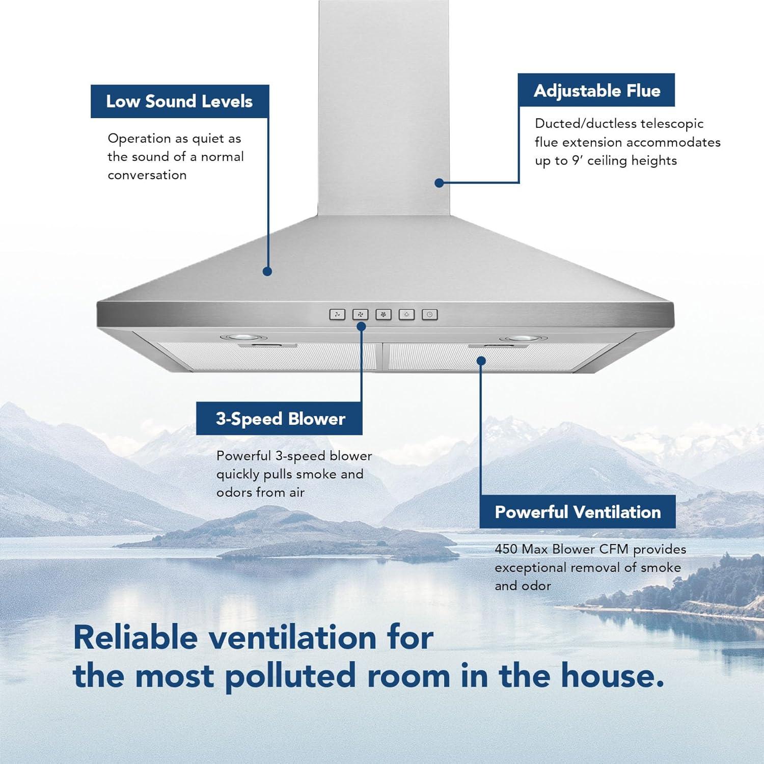 Broan-NuTone 24" Pyramidal Chimney Range Hood with LED Lighting, Convertible Wall-Mount Kitchen Chimney Vent Hood, 450 Max CFM, Stainless Steel
