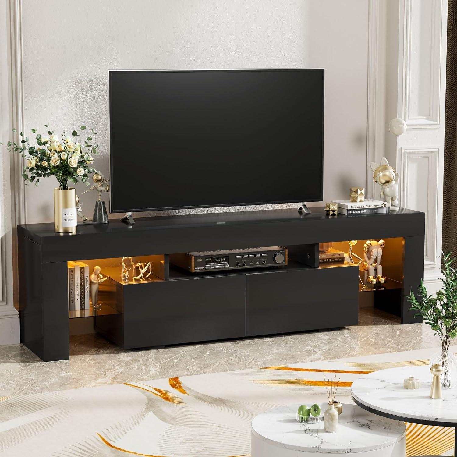 Homall  TV Stand for 65-Inch TV with Led Lights, High Gloss Cabinet and Storage Rack, Gaming Console Entertainment Center in Living Room Bedroom Media Floor,Black