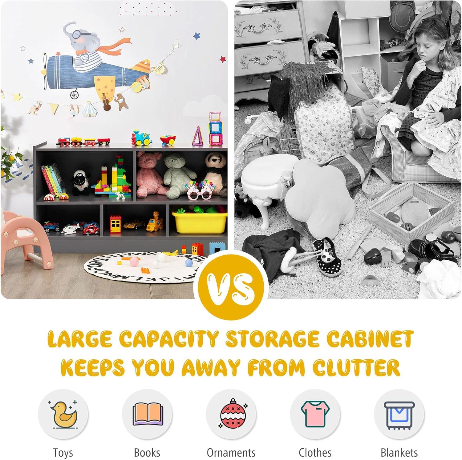 Costway Kids 2-Shelf Bookcase 5-Cube Wood Toy Storage Cabinet Organizer Grey