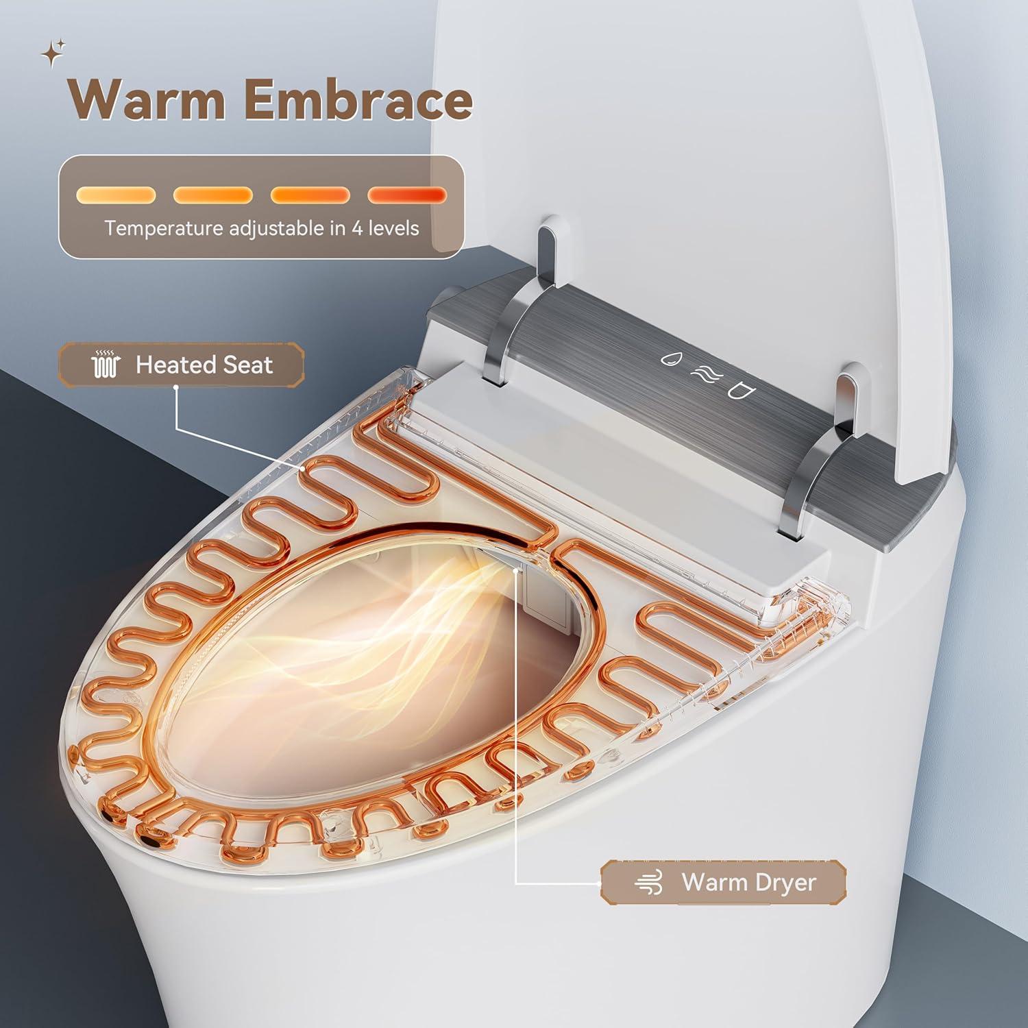 Smart Toilet with Bidet Built-in Filtered Water Cleaning, Instant Warm Water & Heated Seat, Smart Bidet Toilet with Auto/Blackout Flush, Dryer, Deodorization, Night Light & Digital Display