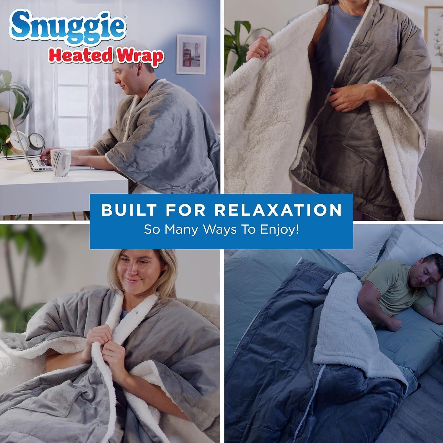 Snuggie Heated Wrap - Wearable Heated Electric Blanket with 4 Heat Settings, Auto Off, 50" x 60" Machine Washable, Warm, Cozy, Super Soft Sherpa, Functional Shawl for Adults- Grey
