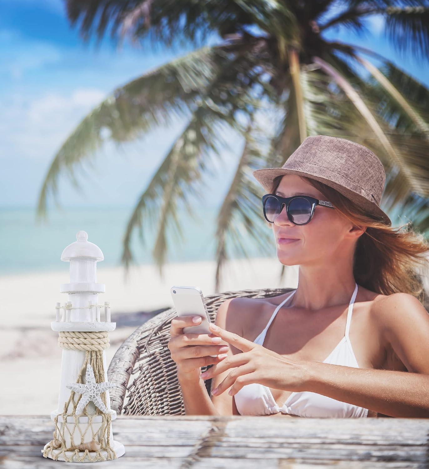 Handcrafted White Wooden Lighthouse Figurine with Starfish Decor