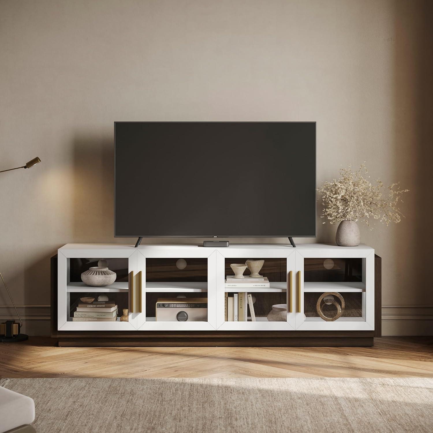 BELLEZE 70" TV Stand for TVs up to 75", Modern TV Stand & Entertainment Center with Shelves, Wood Storage Cabinet for Living Room or Bedroom - Brixston (White)