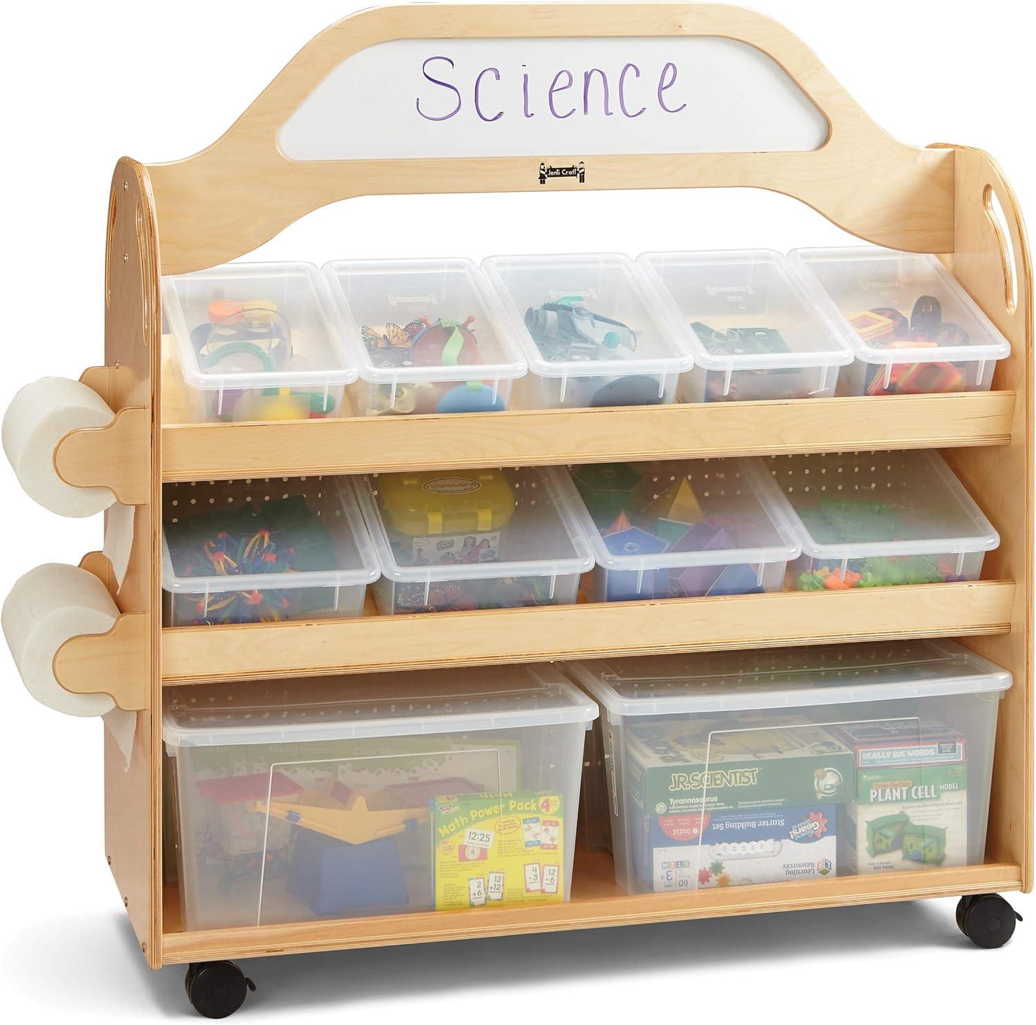 Natural Wood Acrylic Mobile Cart with Clear Storage Bins
