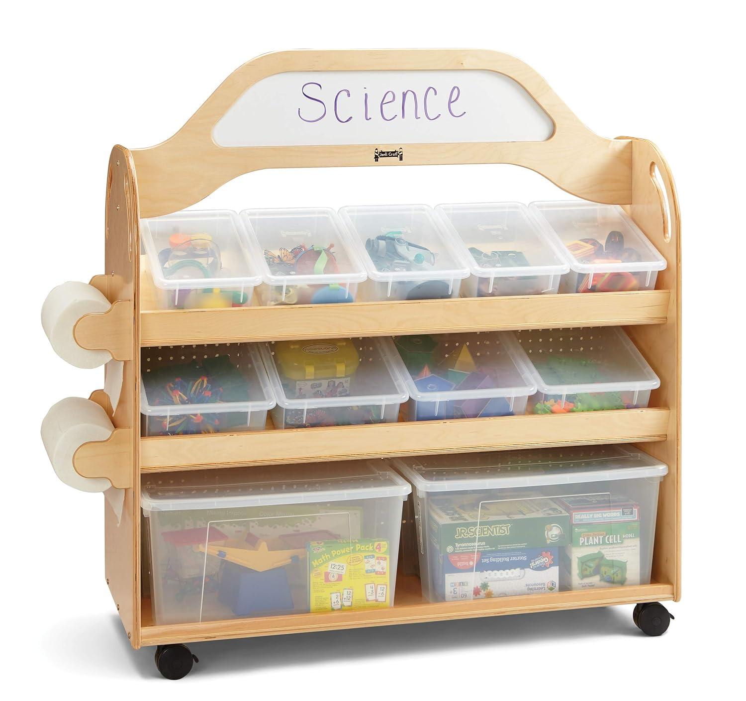 Natural Wood Acrylic Mobile Cart with Clear Storage Bins