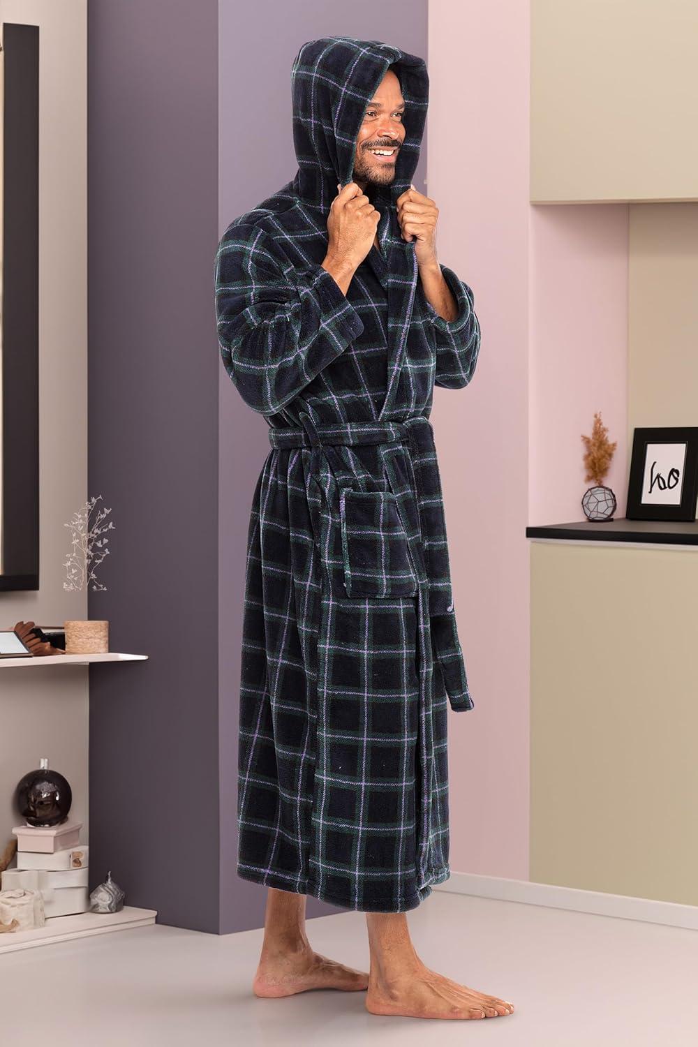 ADR Mens Robe, Plush Fleece Hooded Bathrobe Men, Men's Bathrobes, Big and Tall Bath Robe for Men Blue and Green Tartan Plaid 2XL