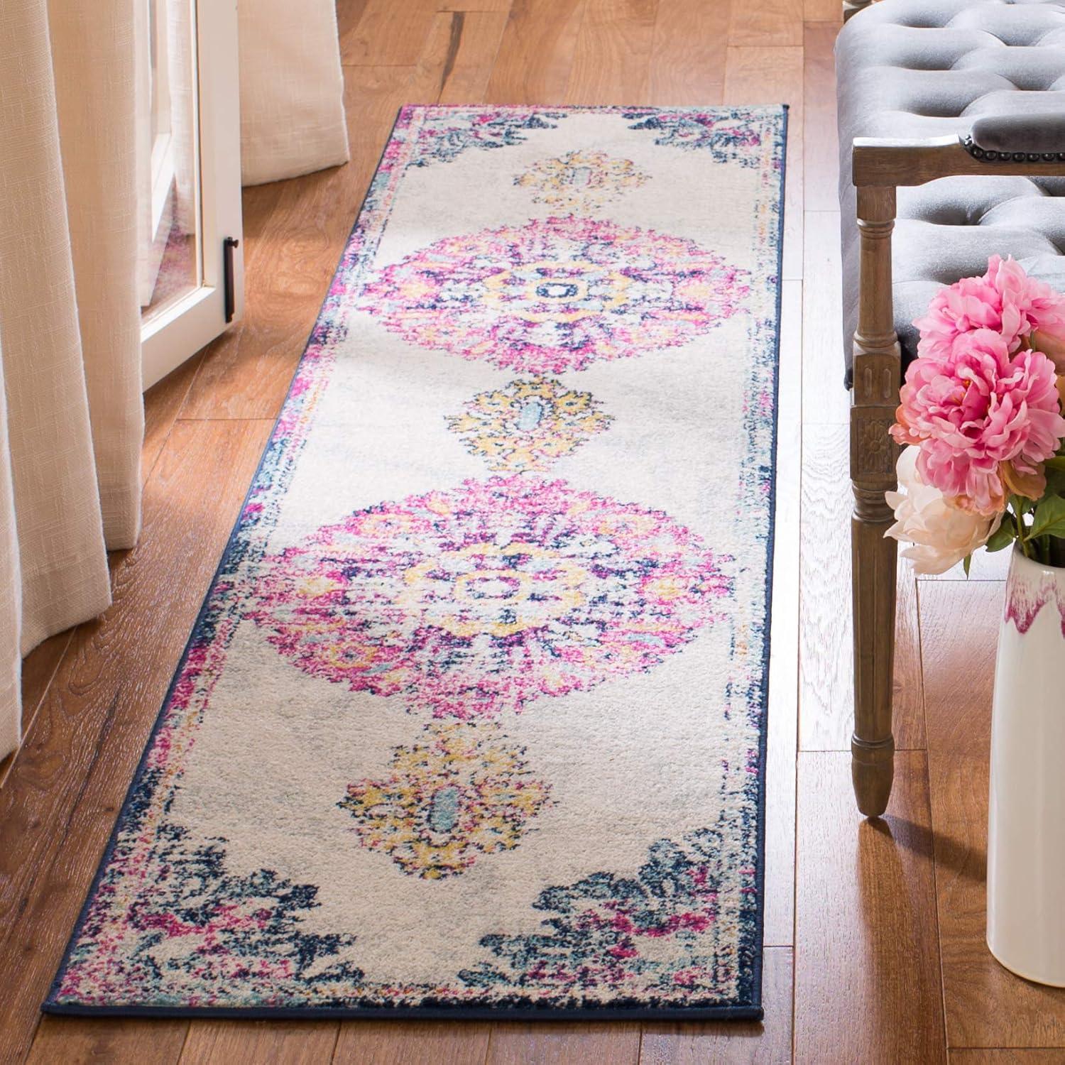 Ivory Fuchsia Distressed Medallion 2' x 8' Synthetic Runner Rug