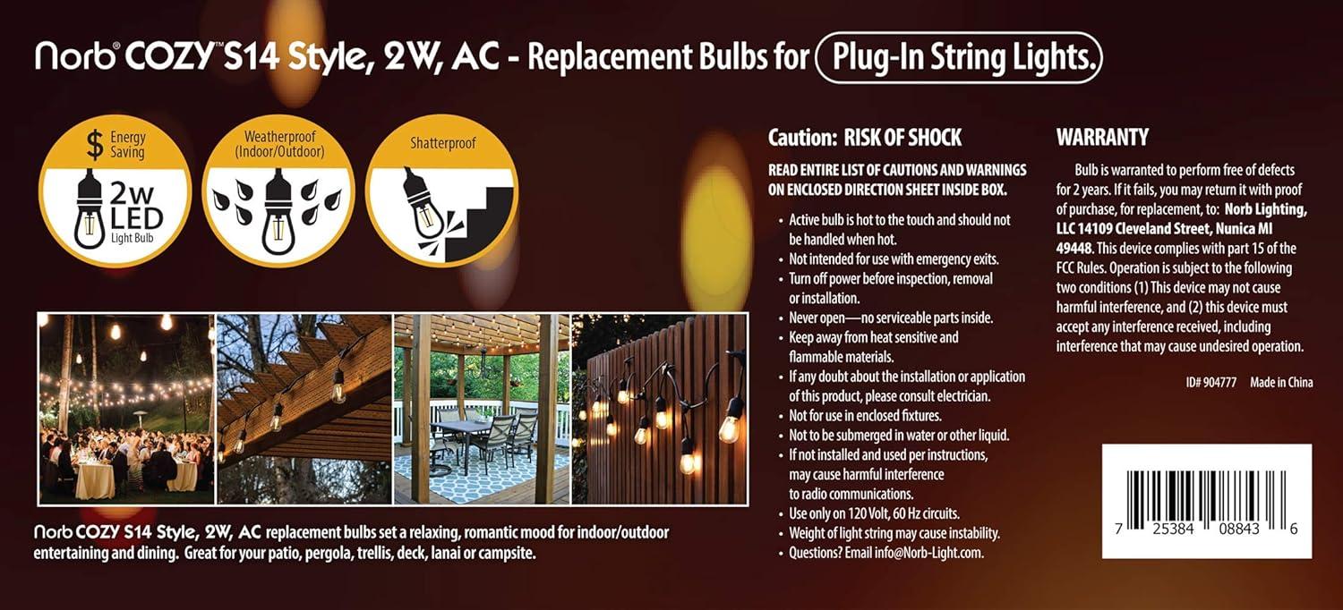 NorbSTRING 2W AC LED Replacement Bulbs for Plug-in String Lights - Warm Candlelight Glow, E26 Standard Base, Shatterproof, Energy-Efficient – Outdoor Weatherproof S14 Bulbs (10-Pack)