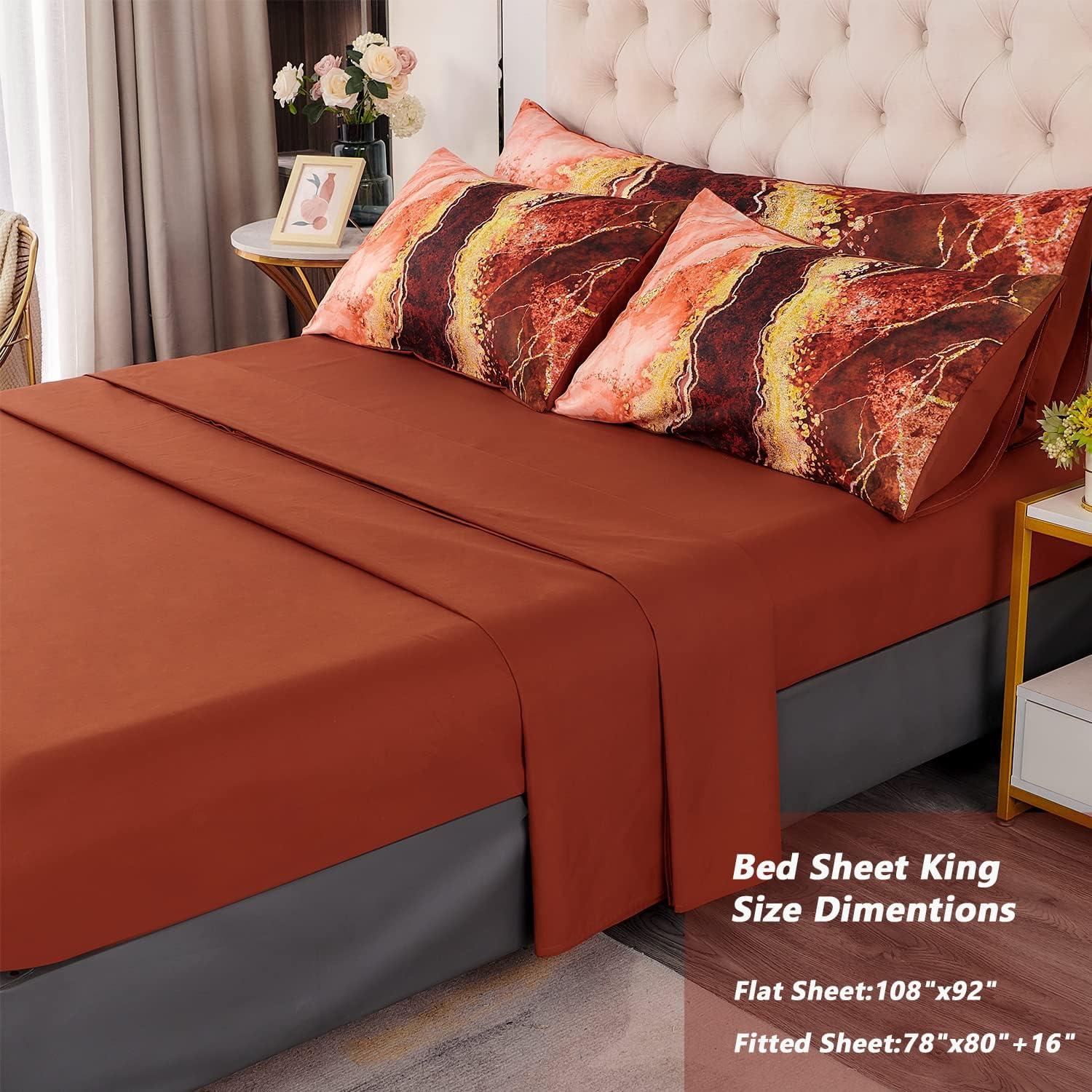 DANTUL 6 Pcs Orange Marble Printed Comforter With Sheet Sets Aesthetic Artwork Design Watercolor Bed In A Bag For All Season(Orange, King)