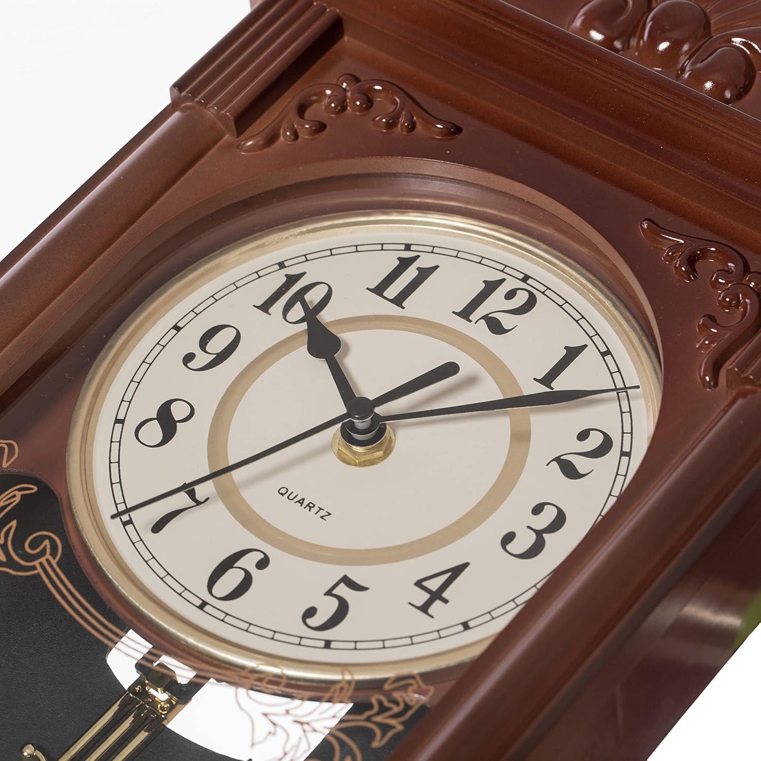 Clockswise Vintage Grandfather Wood-Looking Plastic Pendulum Decorative Battery-Operated Wall Clock, for Home Decor, Brown