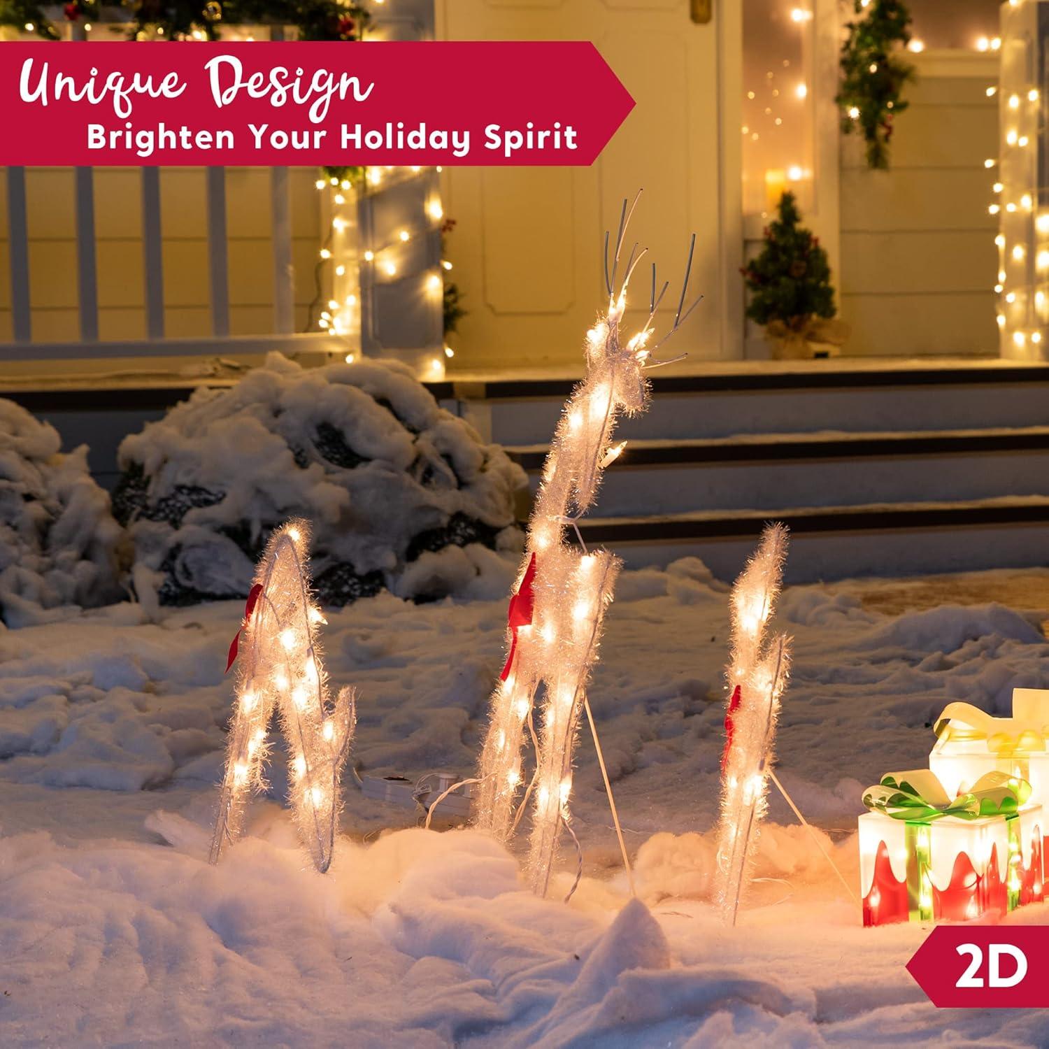 Warm White Metal Frame Christmas Reindeer Family Yard Lights