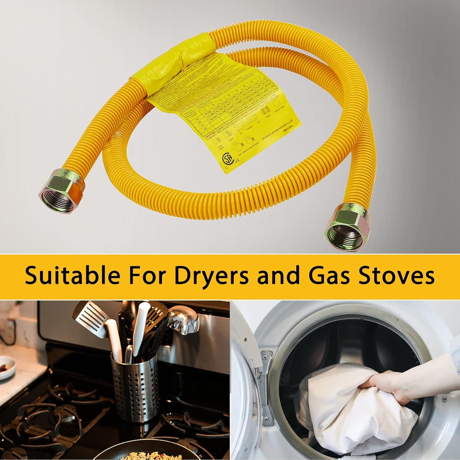 60" Flexible Gas Line Kit for Dryer, Stove, Range, Stainless Steel Gas Dryer Connector Kit, 5/8 in.OD(1/2 in. ID)Dryer Gas Line with Connector 1/2" FIP & 1/2" MIP & 3/4" MIP Fitting
