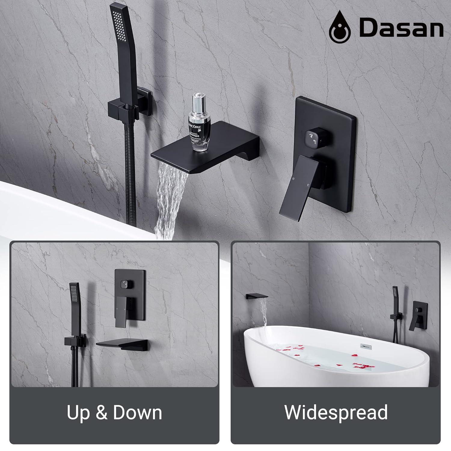 Airuida Wall Mount Tub Faucet with Waterfall Tub Spout Wall Mounted Bathtub Faucet with Handheld Shower Single Handle Tub Filler Shower Faucet Set with Rough-in valve Straight Spout Matte Black
