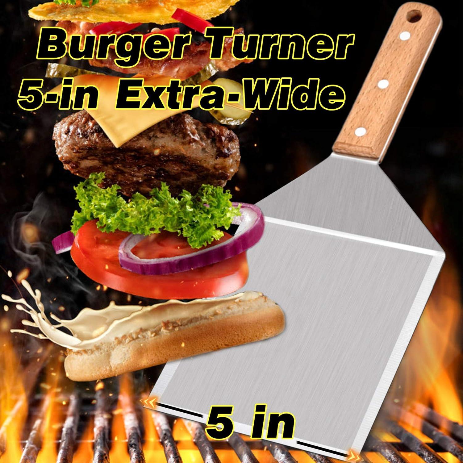 Metal Spatula Set of 2, Leonyo Stainless Steel Griddle Hamburger Spatula, as Barbecue Turner Grilling BBQ Griddle Accessories, Triple Rivets & 2 x S Hook, Heavy Duty & Easy Press