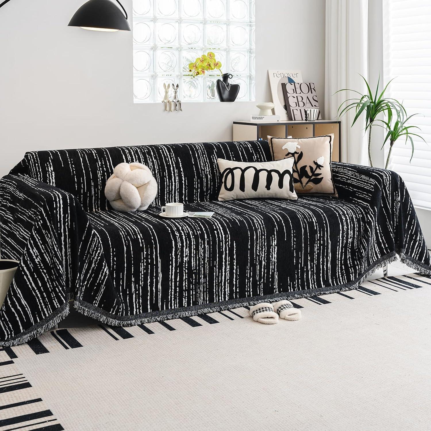 Black and White Chenille Sofa Cover Blanket