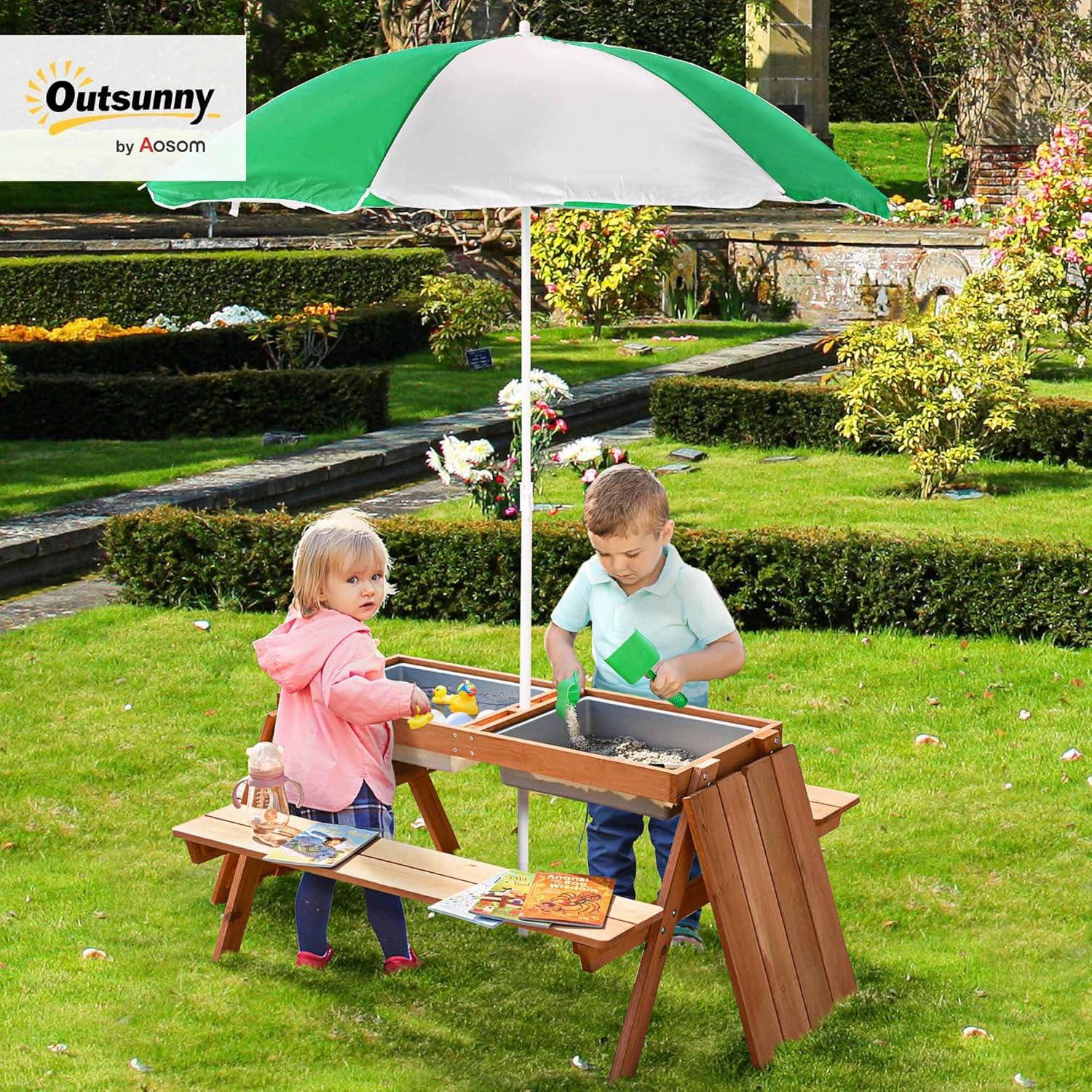 Outsunny Kids Sand & Water Activity Table, Picnic Table Set Wooden Bench with Sandbox Removable & Height Adjustable Umbrella for Outdoor Garden Patio