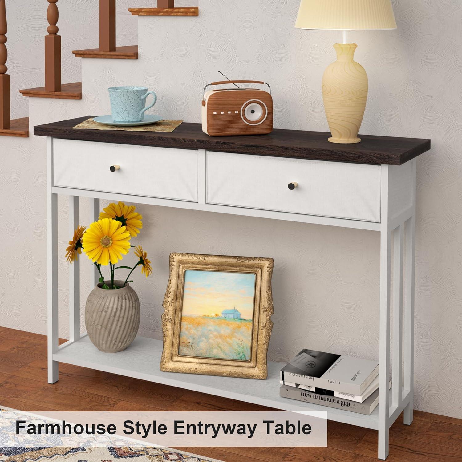 Console Table with 2 Fabric Drawers, 42" Solid Wood Entryway Table with Shelves, Storage Sofa Table for Entryway, Hallway, Living Room, Kitchen or Behind Couch in Foyer, White