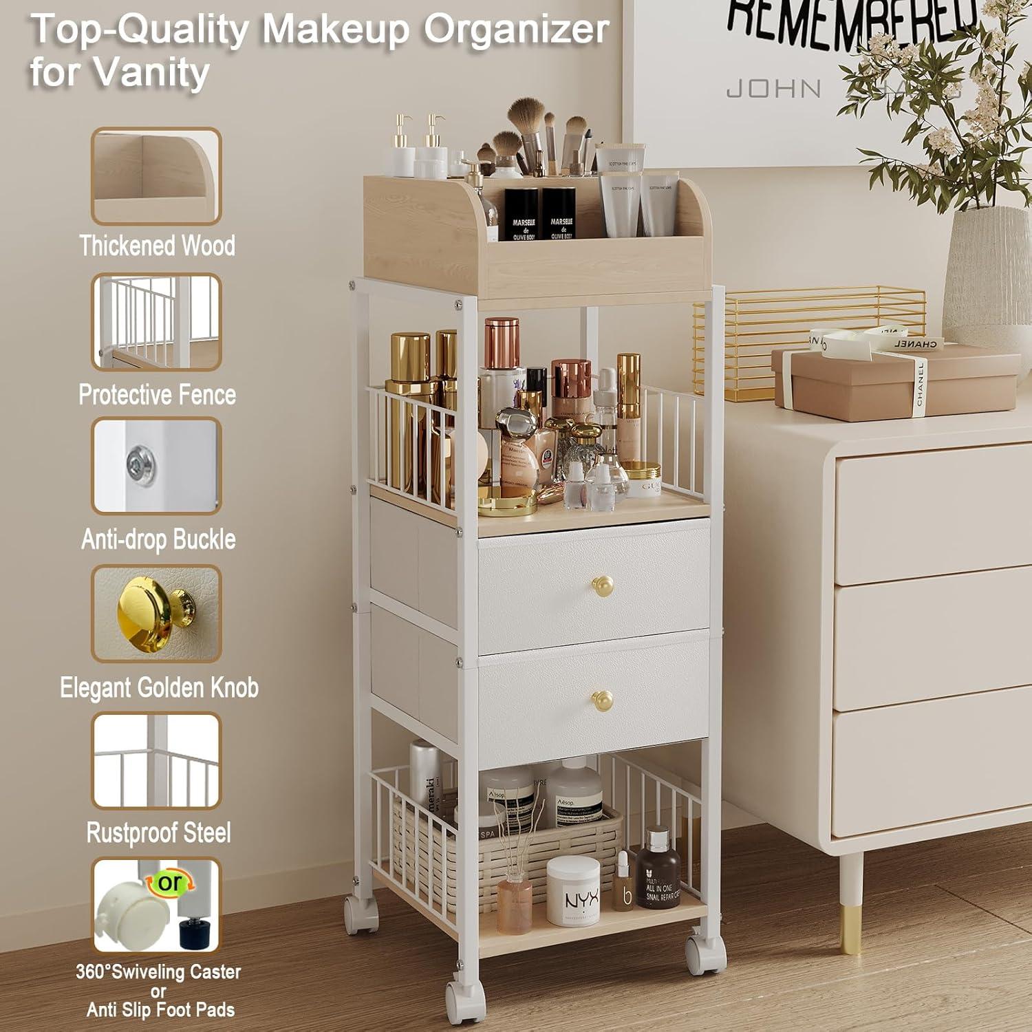 Makeup Organizer Cart with Drawers, Floor Skin Care Organizers, Rolling Bathroom Make Up Organizers and Storage, Vanity Organizer Cosmetics Display for Nail Polish Perfume Makeup Brush(White)