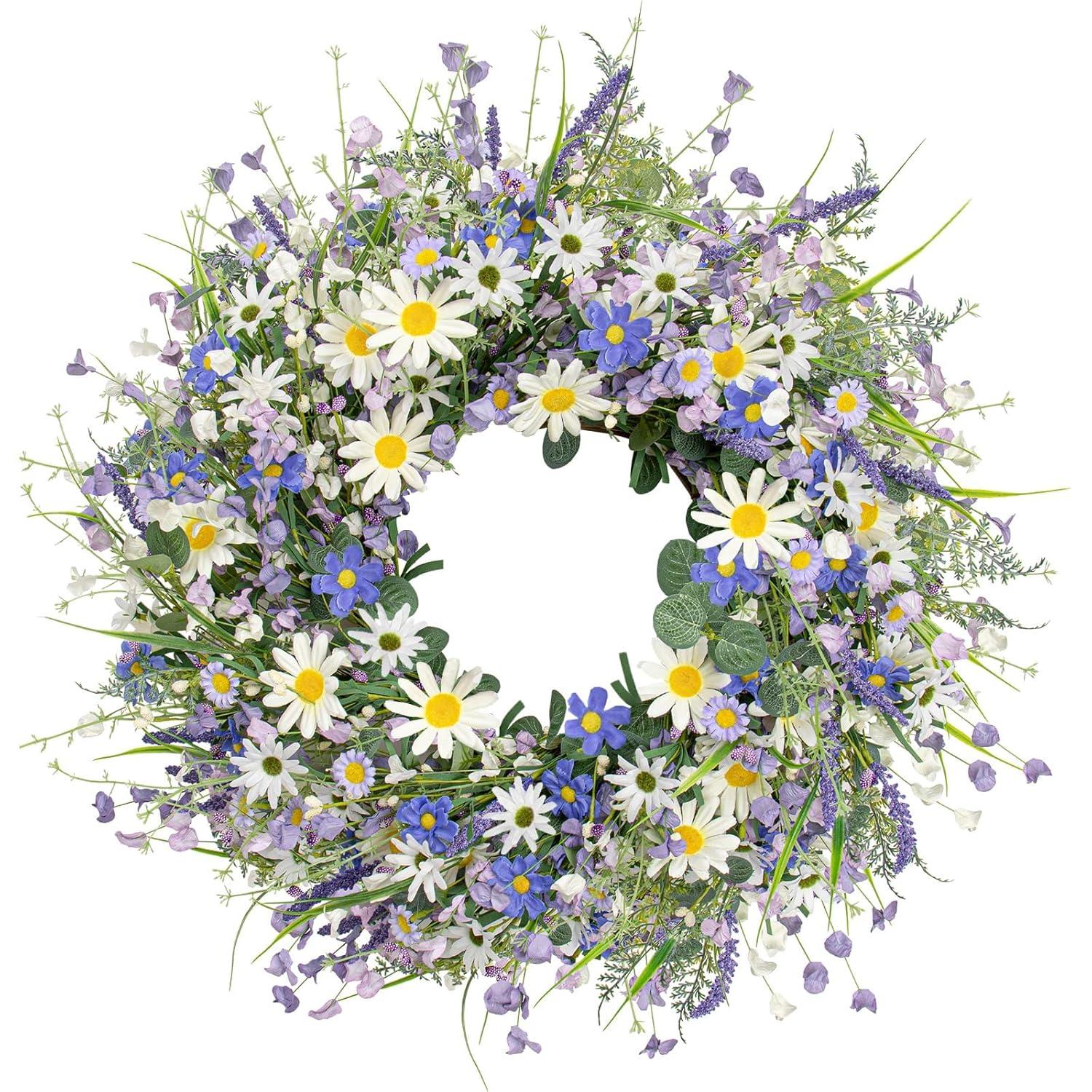 22 Inches Spring Wreaths for Front Door Blue Spring Door Wreath Summer Floral Wreath with Wildflower Lanvender for Wall Porch Indoors Outdoor Window Home Decorations