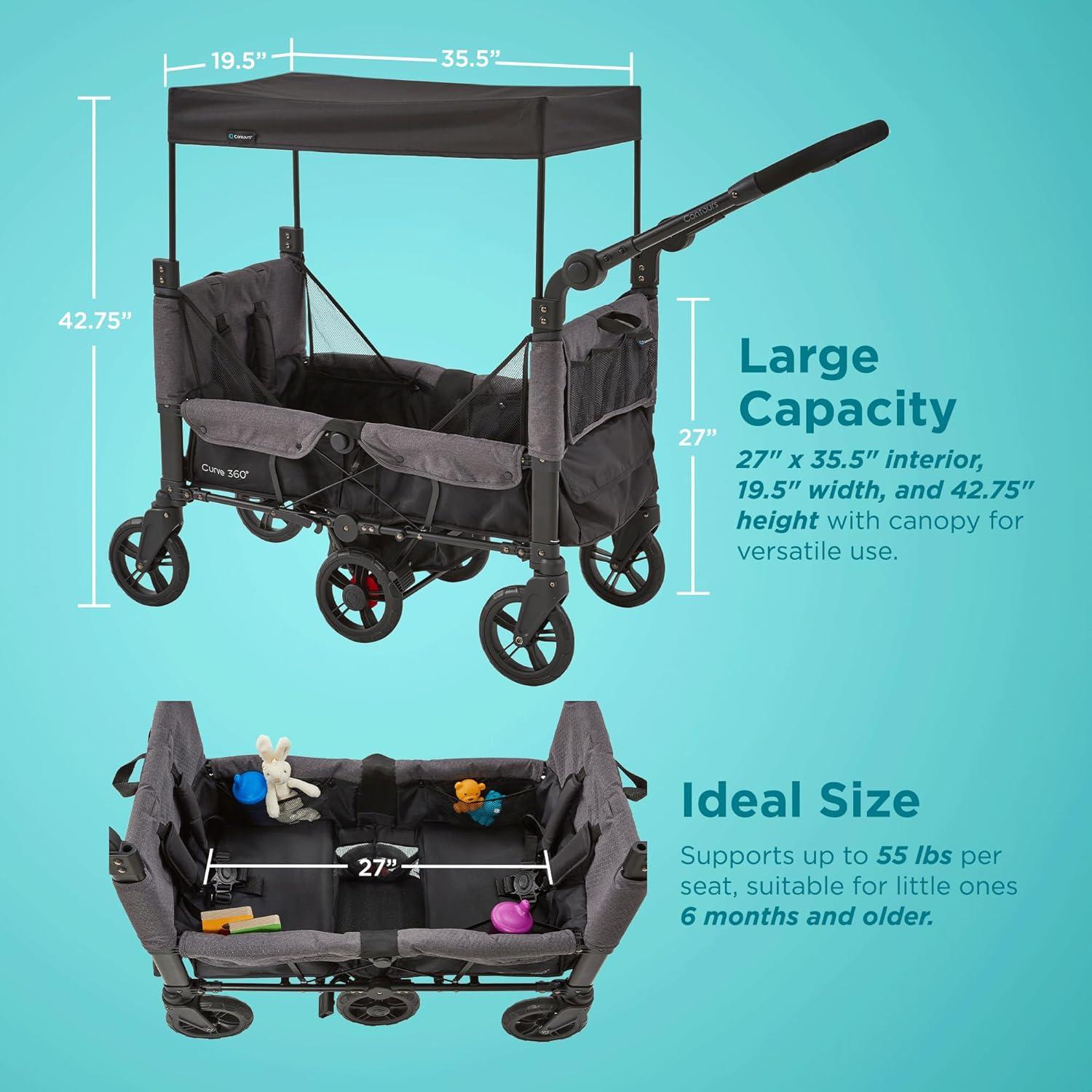 Contours Contours Curve 360 Stroller Wagon for 2 Kids, Infant Car Seat Compatibility, Zero Turn Radius, Lightweight Foldable Push-pull Collapsible Wagon Cart for Garden, Stroller, Camping, Grocery Cart