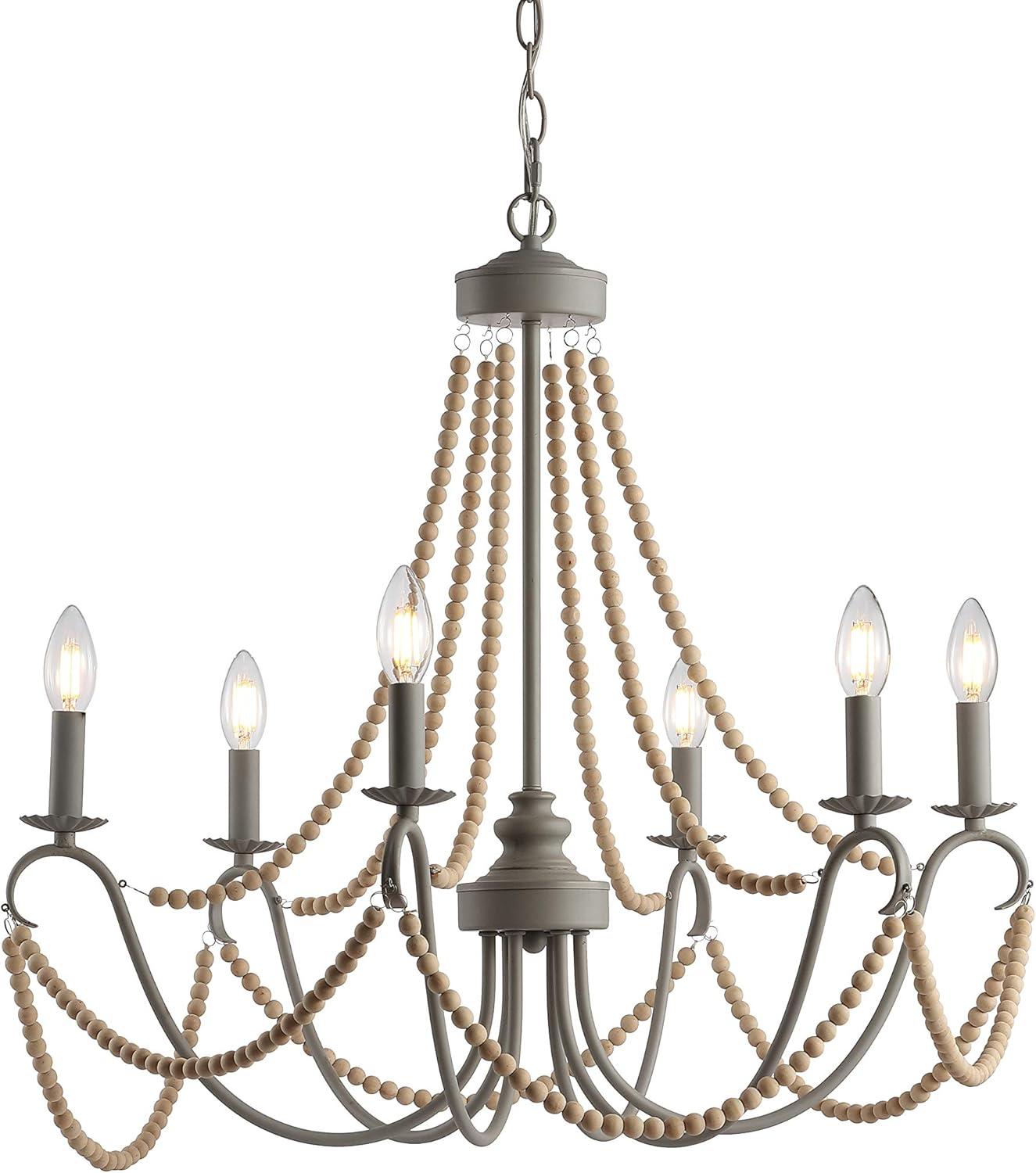 Rustica 6-Light 27" Adjustable Greige Metal/Wood Bead LED Chandelier, Grey/Natural