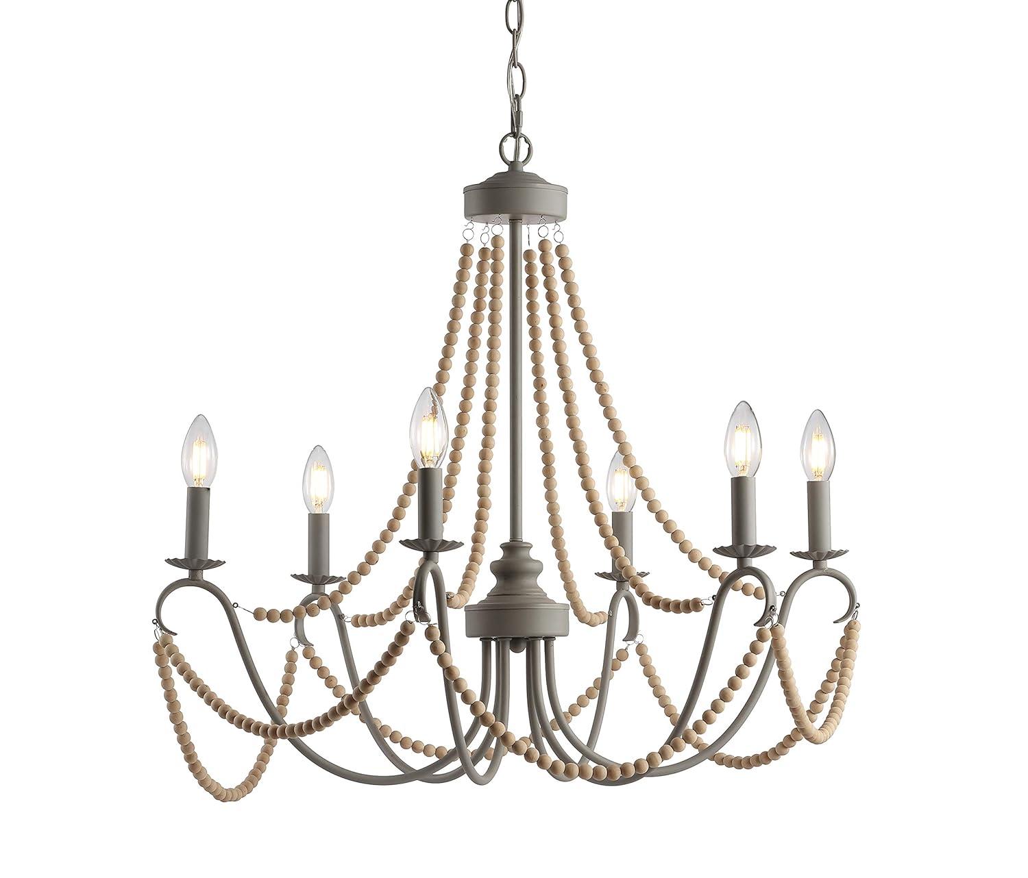 JONATHAN Y JYL9060A Rustica 6-Light 27" Adjustable Greige Metal/Wood Bead LED Chandelier, Classic, French Country for living room, dinning room, bedroom, office Bulb Included, Grey/Natural