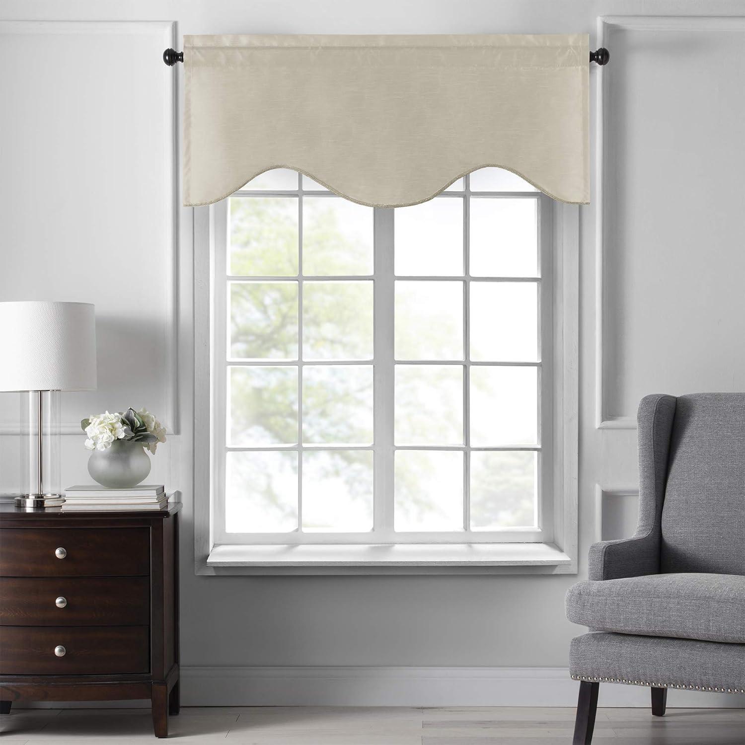 Ivory Faux Silk Scalloped Window Valance with Rod Pocket