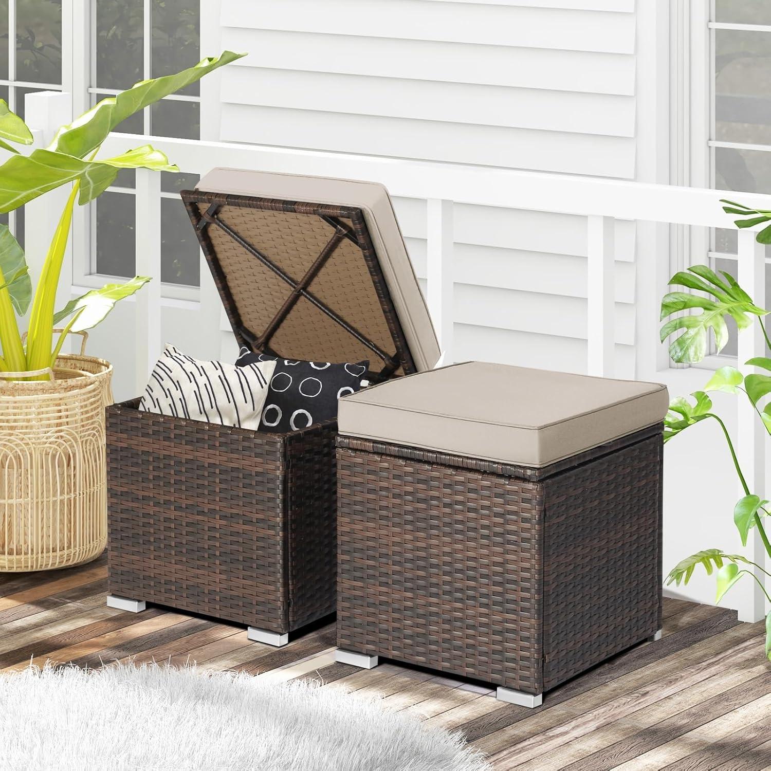 Latitude Run® 2-Pieces Patio Ottoman Set Outdoor Wicker Stool With Storage