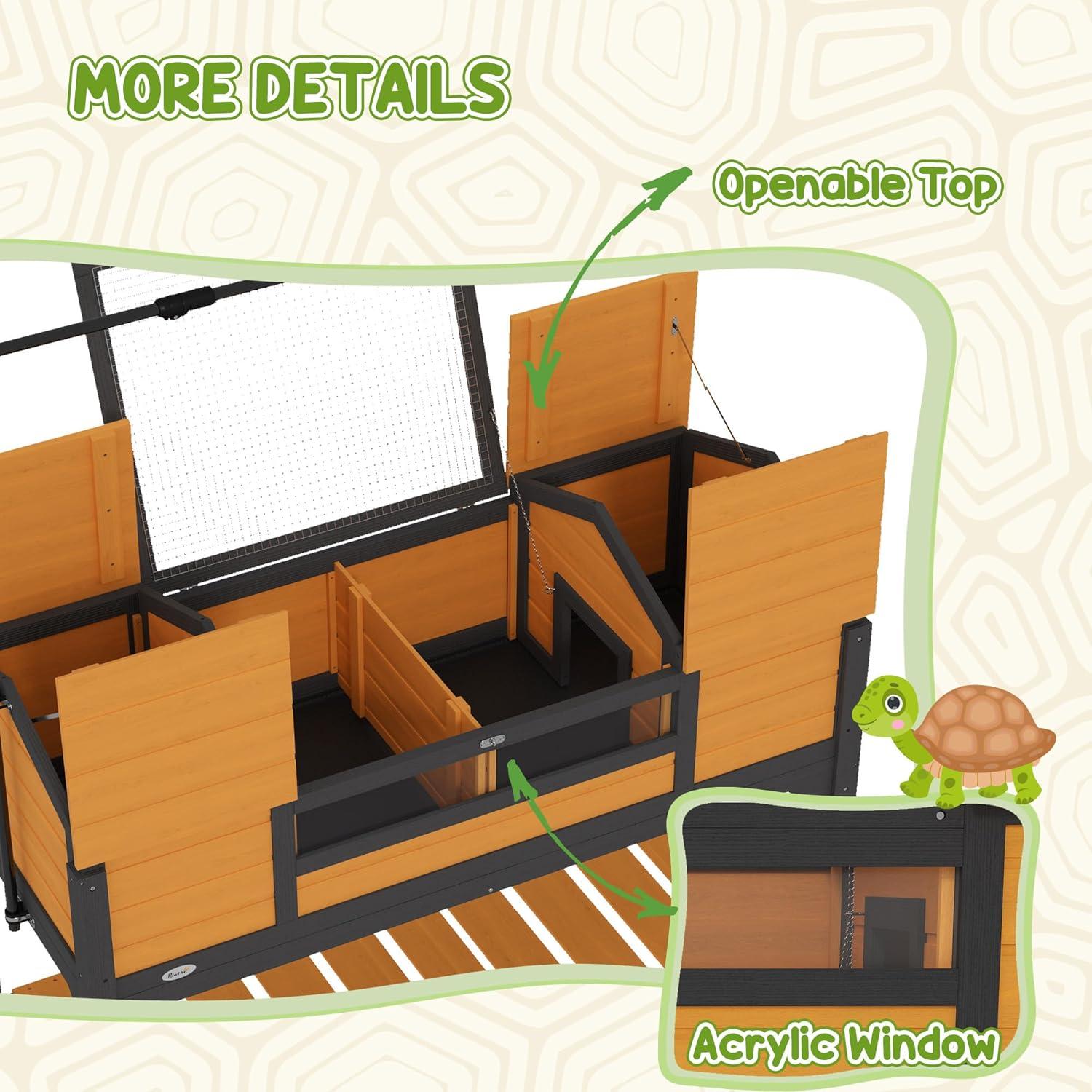 PawHut Tortoise Habitat with Adjustable Lamp Holder, Wooden Tortoise Enclosure with Storage Shelf, Dual Main Houses, Fixed Tray, Openable Lid, Yellow