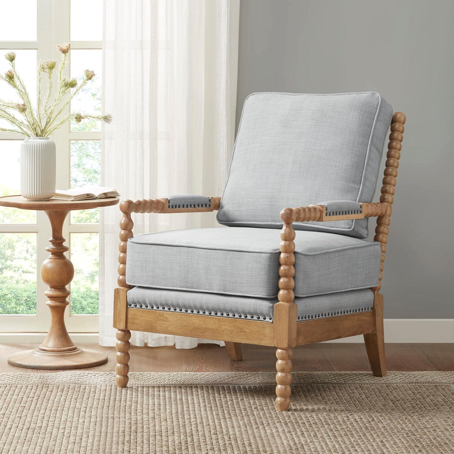 Elegant Light Blue Oakwood Accent Chair with Bronze Nailheads