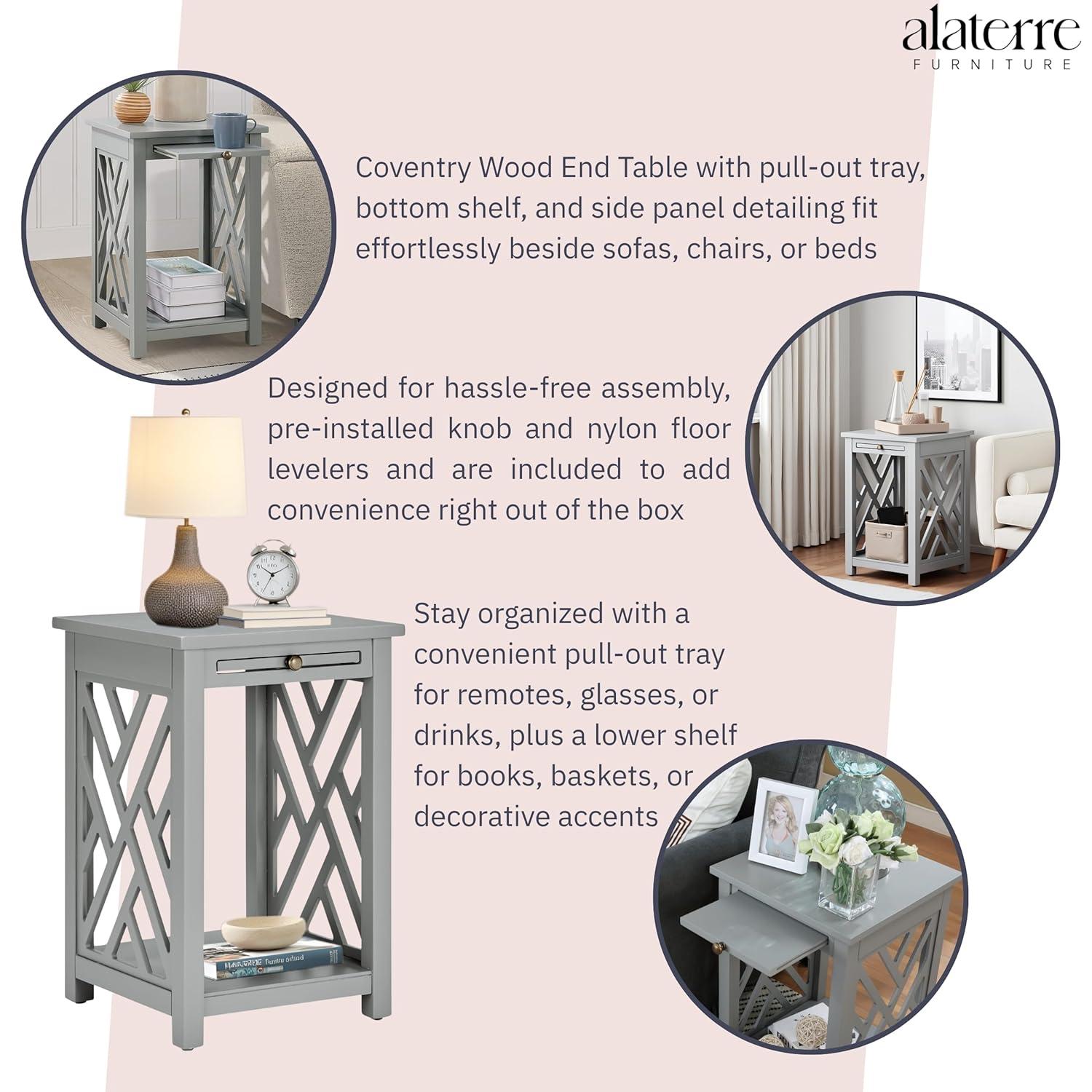 Alaterre Furniture Coventry Wood End Table with Tray Shelf and Bottom Shelf, Gray