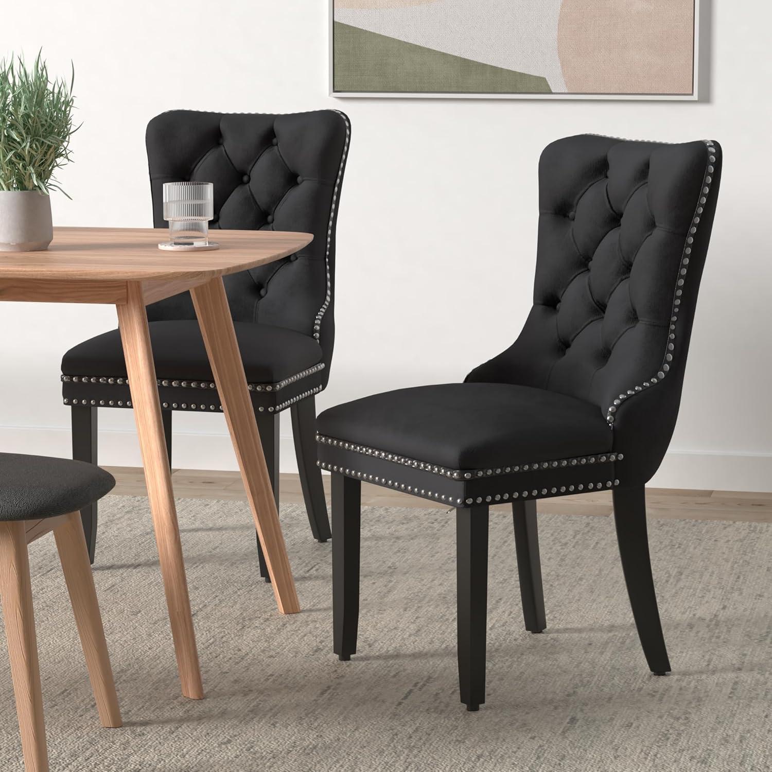 ODUSE-DAILY Black Velvet Dining Chairs Set of 2, Kitchen & Dining Room Chairs, Sillas De Comedor, Nailheads Tufted, Velvet Upholstered, Solid Wood (Black, 2 Pcs)